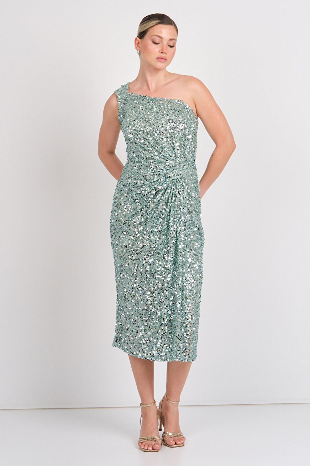 Balen Kadın Tek Omuz Detaylı Full Pul Payetli Midi Abiye Elbise 5118 Mint