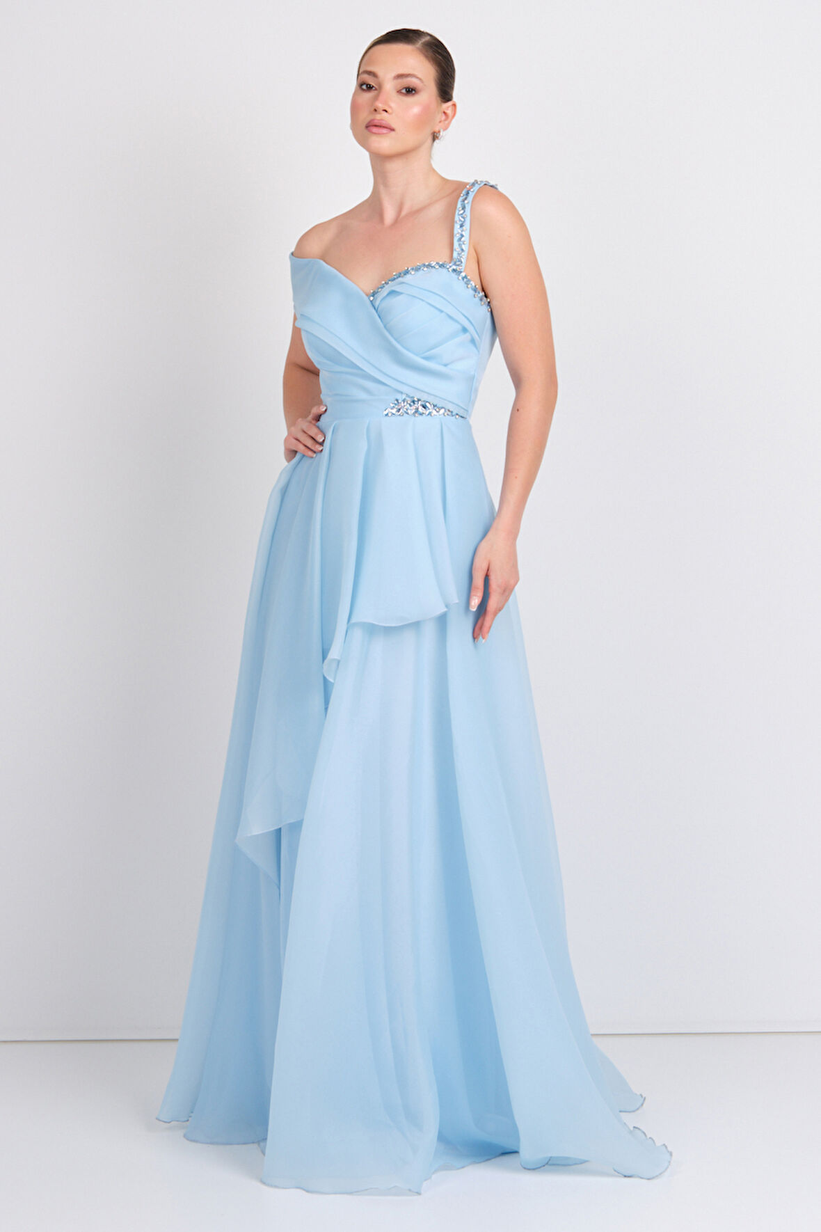 Saygın Kadın Tek Omuz Detaylı Şifon Kumaş Maxi Abiye Elbise 5614 Mavi