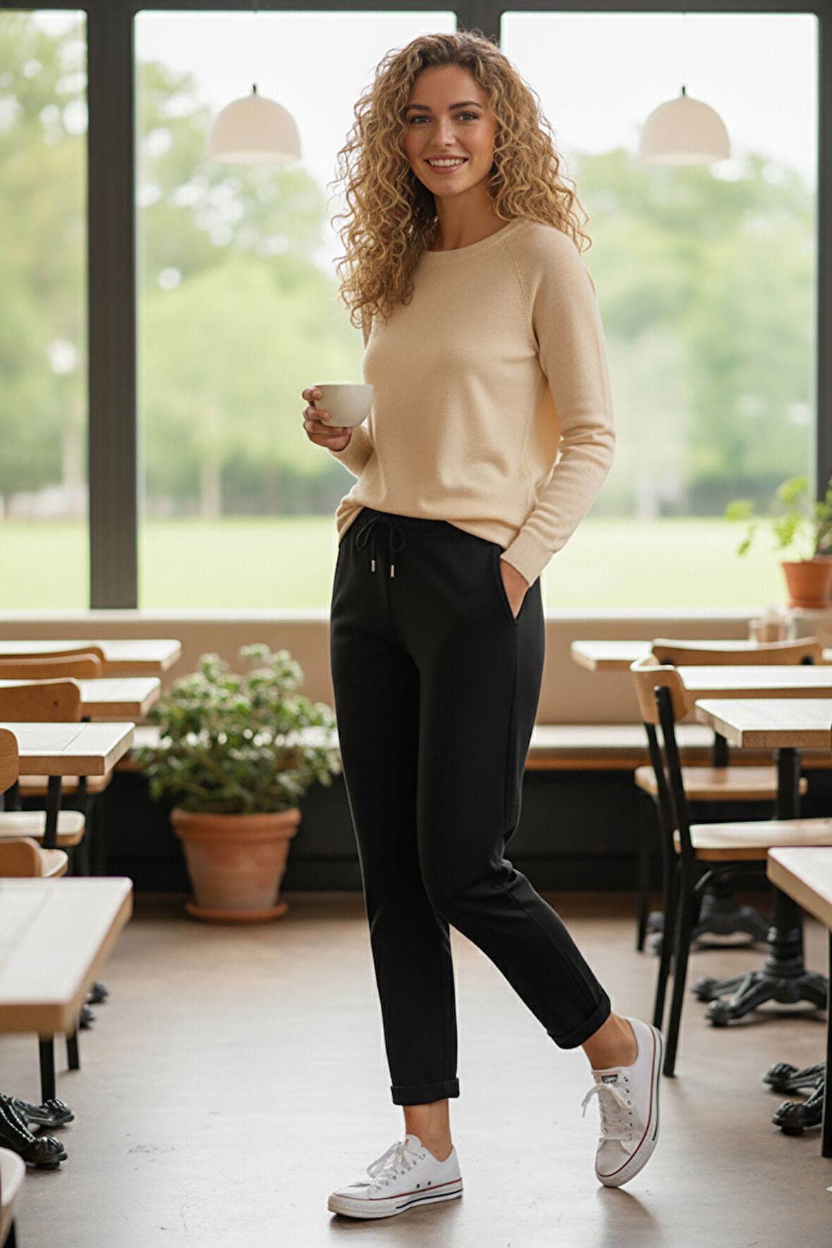 Sy & Black Kadın Çelik Örgü Beli Lastikli ve Bağcıklı Geniş Beden Aralıklı Jogger Pantolon 25P-03 Siyah