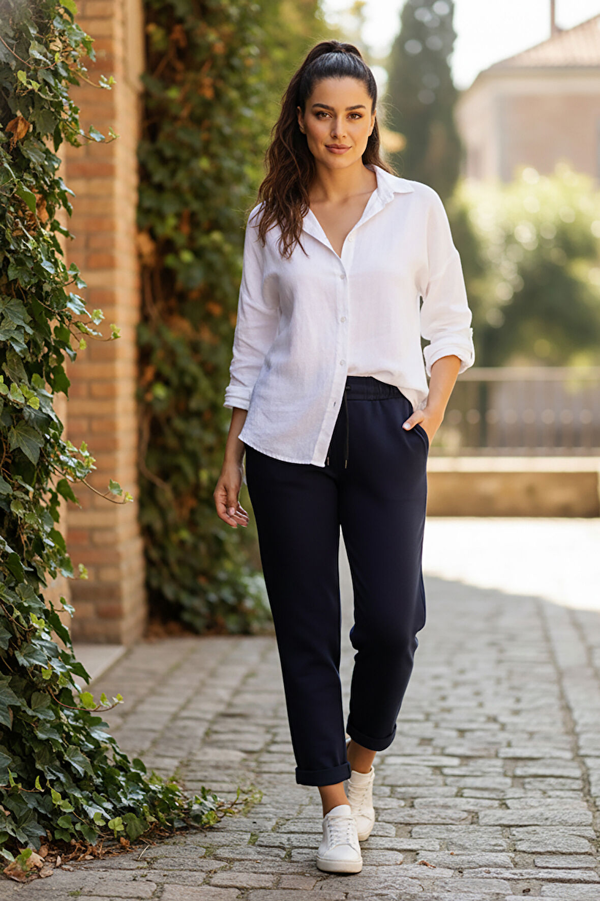 Sy & Black Kadın Çelik Örgü Beli Lastikli ve Bağcıklı Geniş Beden Aralıklı Jogger Pantolon 25P-03 Lacivert