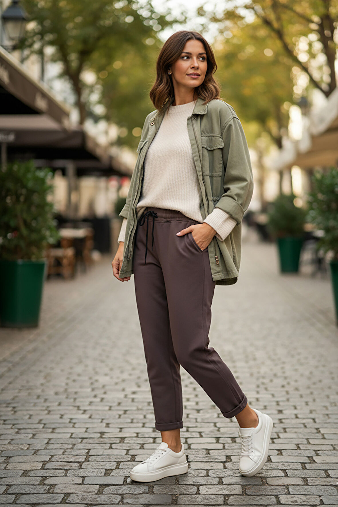 Sy & Black Kadın Çelik Örgü Beli Lastikli ve Bağcıklı Geniş Beden Aralıklı Jogger Pantolon 25P-03 Füme