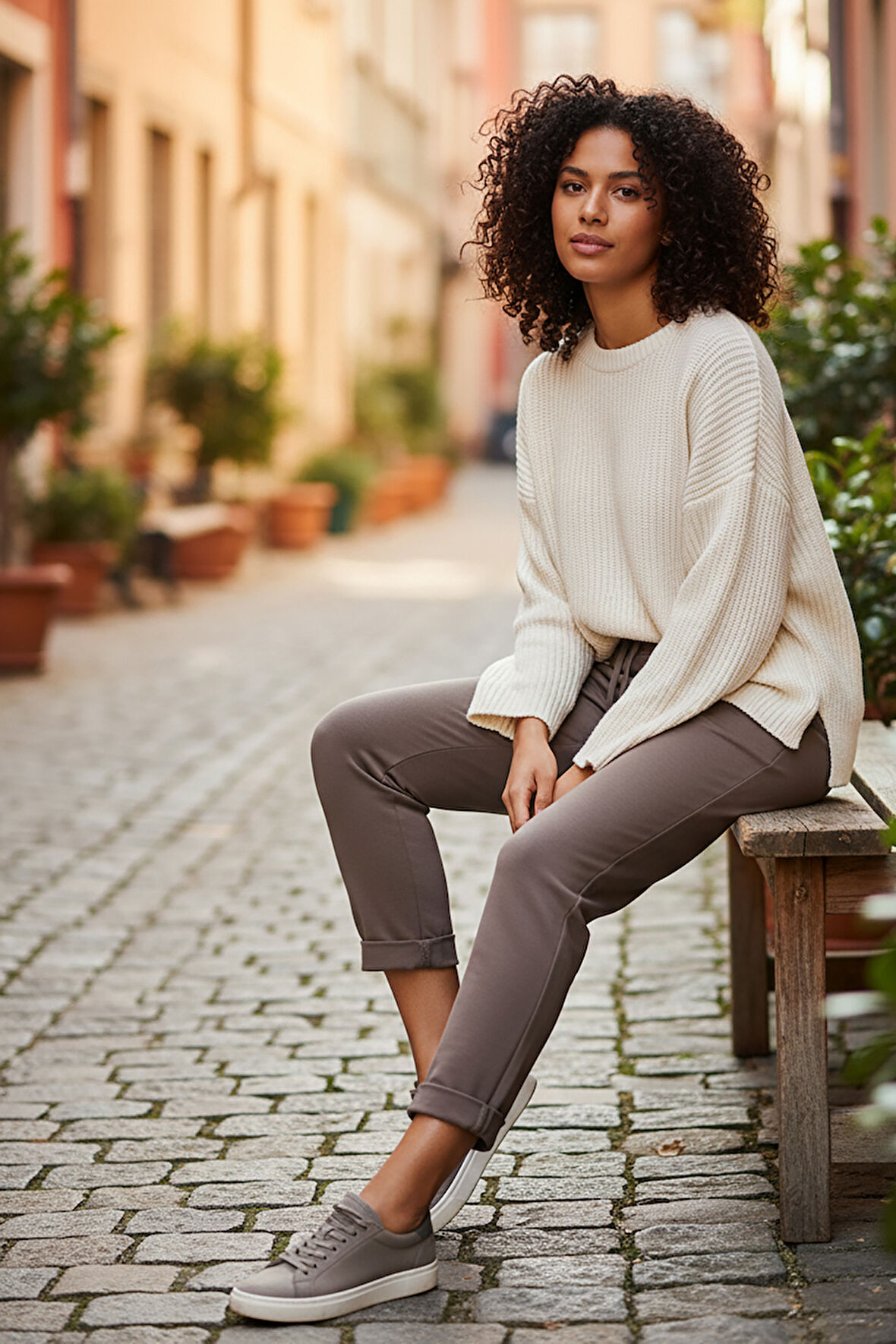 Sy & Black Kadın Çelik Örgü Beli Lastikli ve Bağcıklı Geniş Beden Aralıklı Jogger Pantolon 25P-03 Vizon