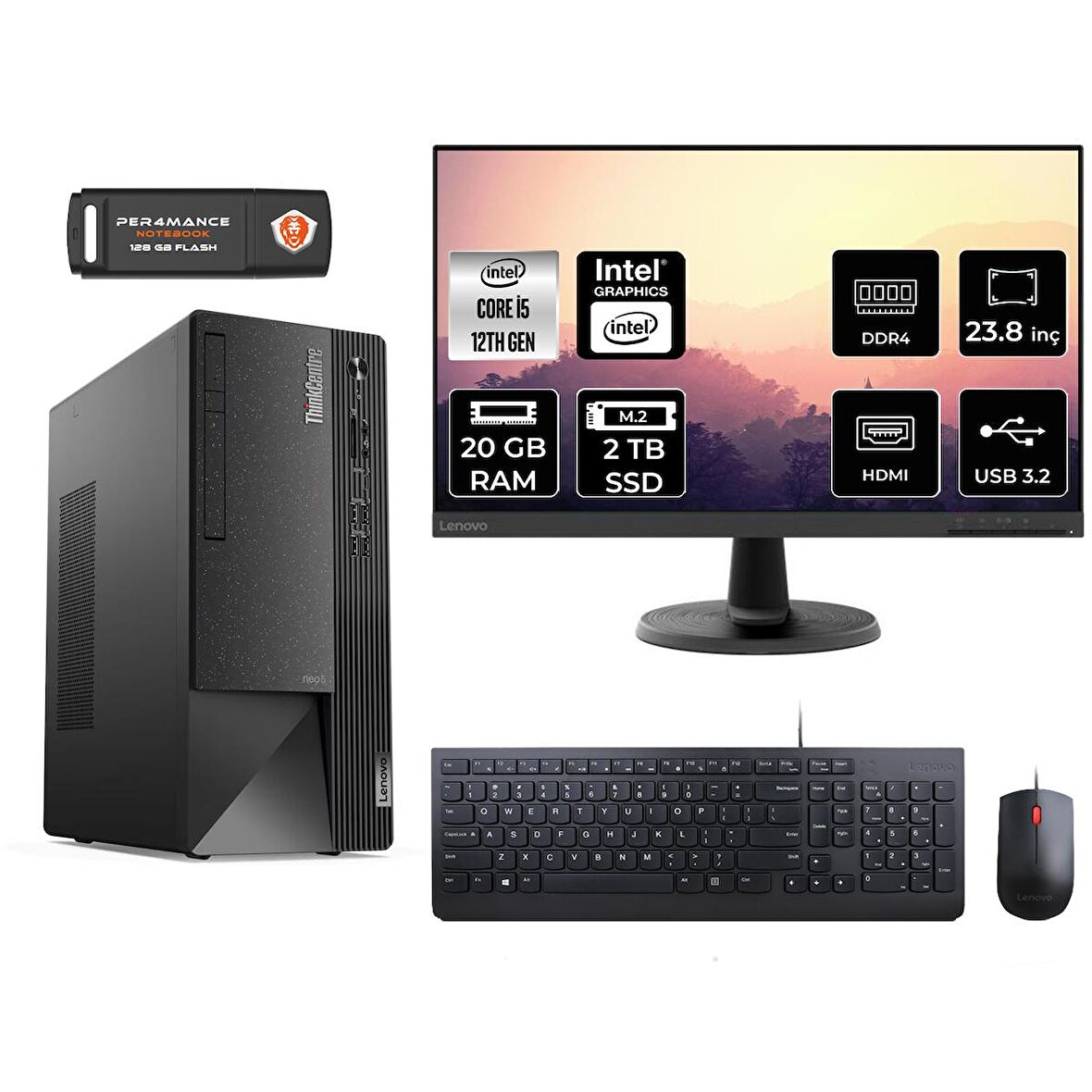 Lenovo ThinkCentre Neo 50T i5 12400 20GB 2TB SSD FDOS 11SE00BJTX MASAÜSTÜ PC & 23.8" MONİTÖR