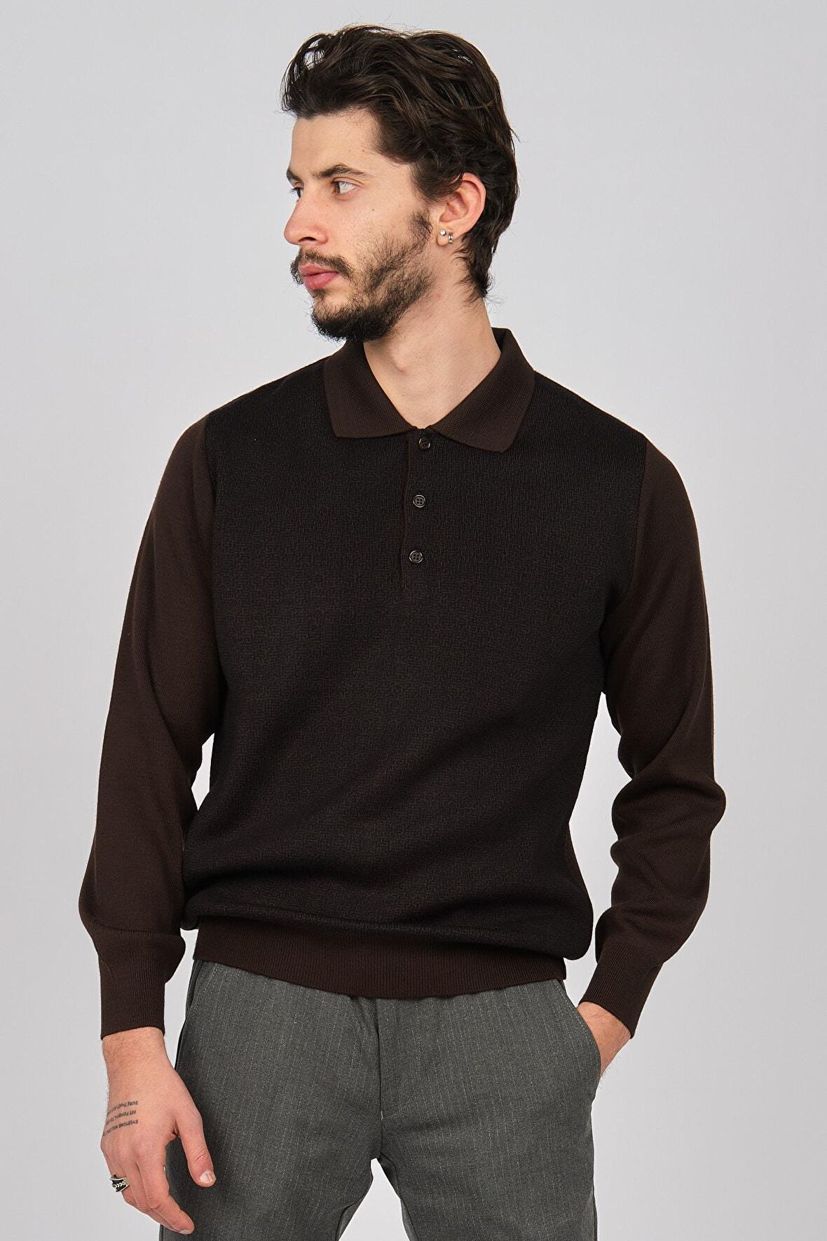 Woolman Erkek Desenli Polo Yaka Yün Kazak 1571193 Kahverengi