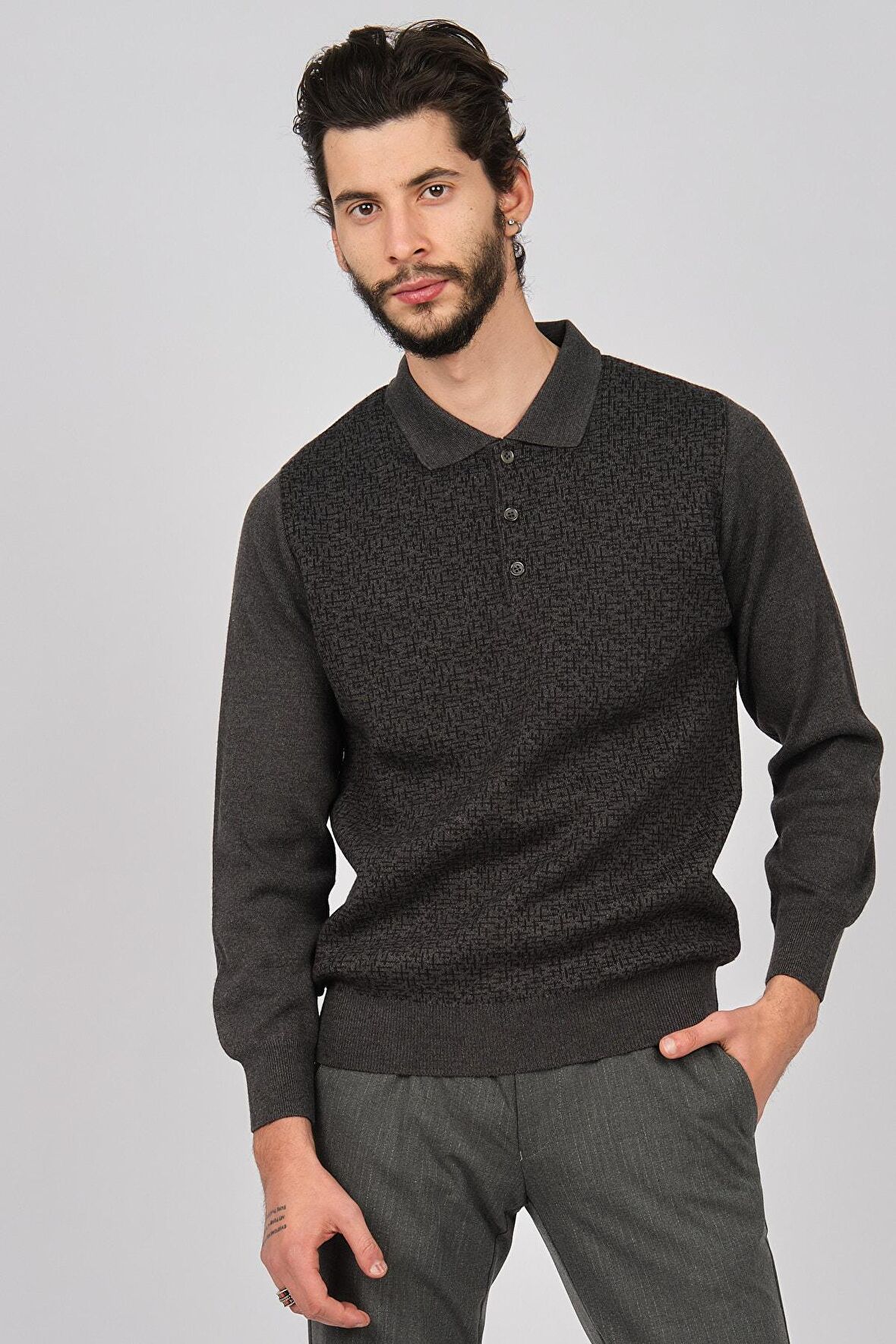 Woolman Erkek Desenli Polo Yaka Yün Kazak 1571033 Gri