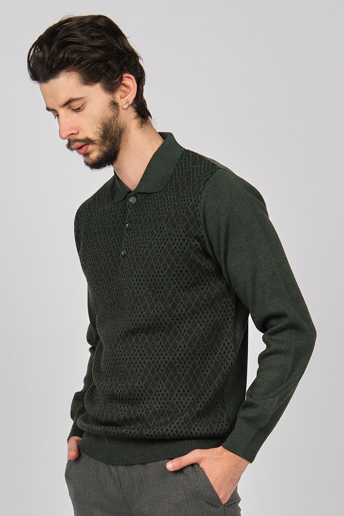 Woolman Erkek Desenli Polo Yaka Yün Kazak 1571053 Yeşil