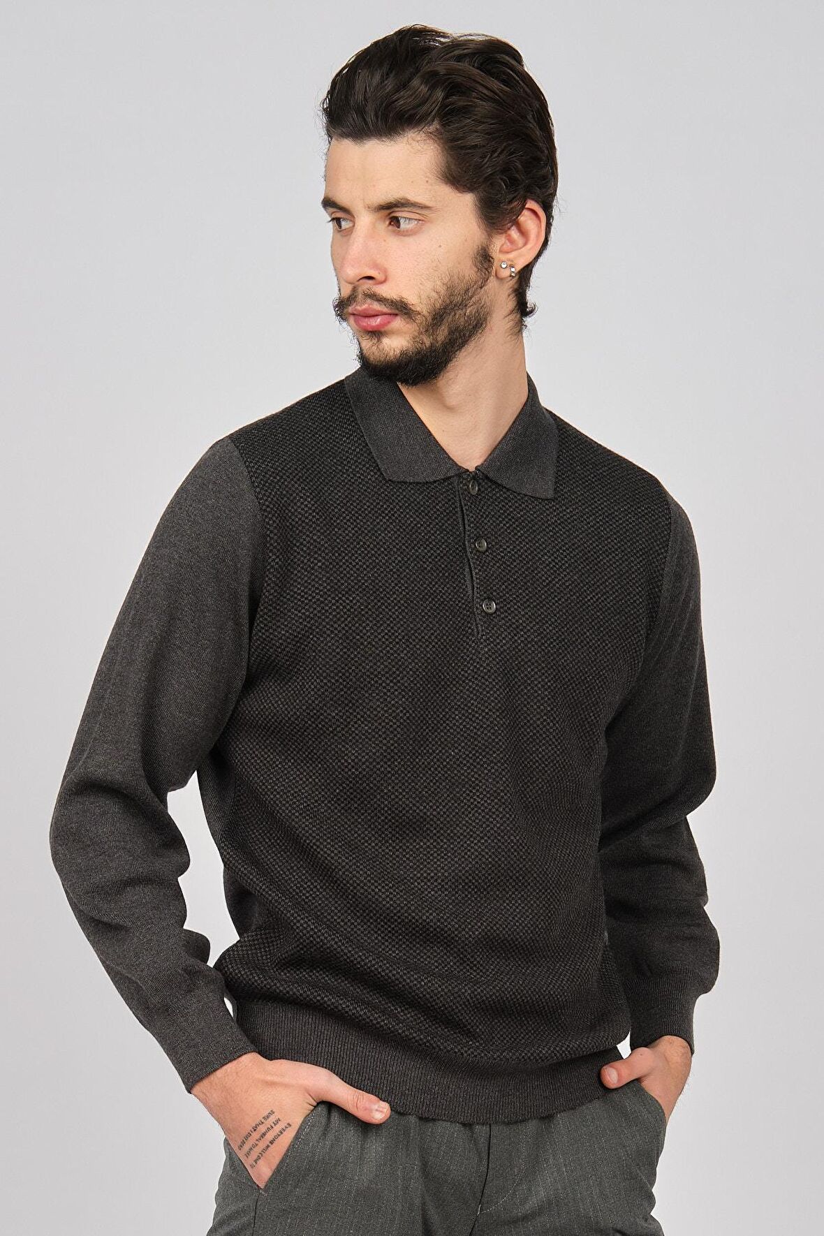 Woolman Erkek Desenli Polo Yaka Yün Kazak 1572113 Füme