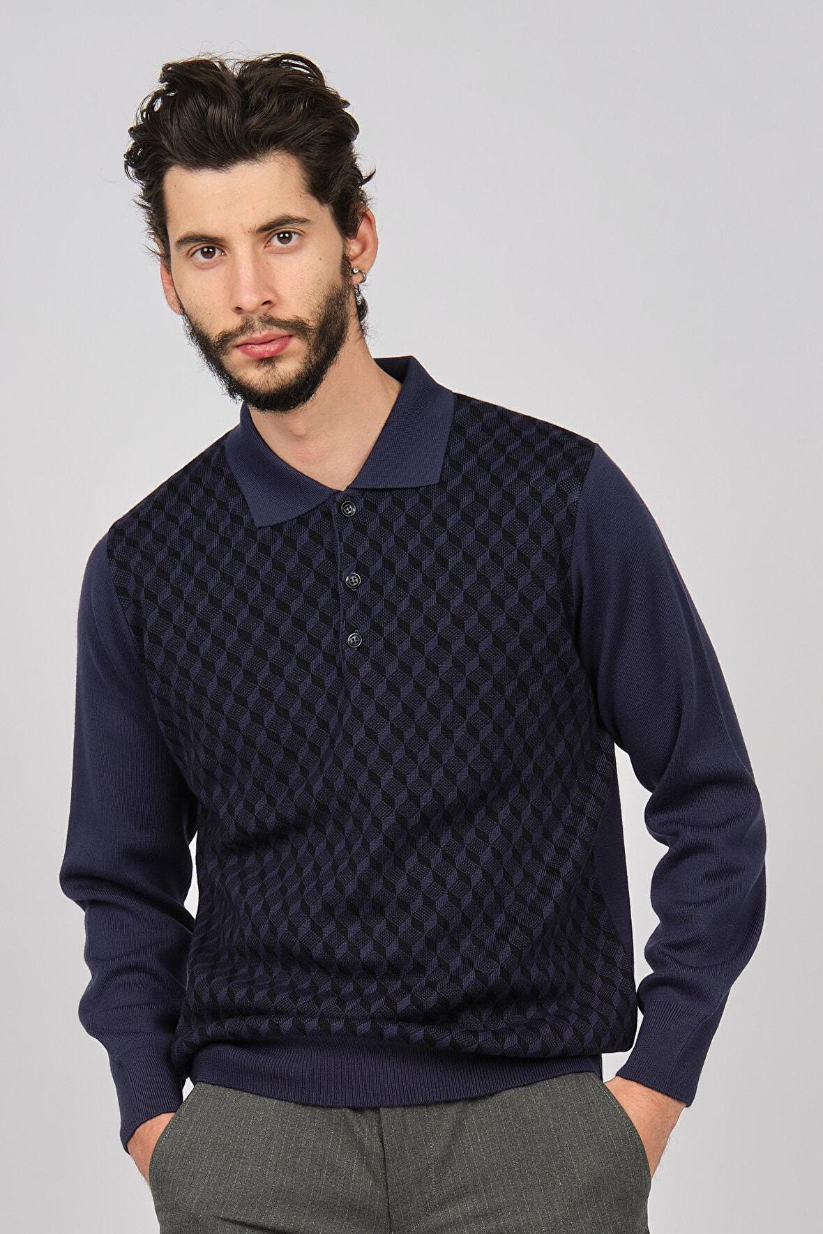 Woolman Erkek Desenli Polo Yaka Yün Kazak 1571133 Indigo