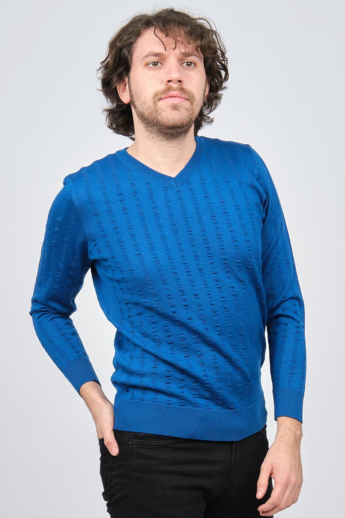 Desen Triko Erkek V Yaka Yün Kazak 0249626 Saks