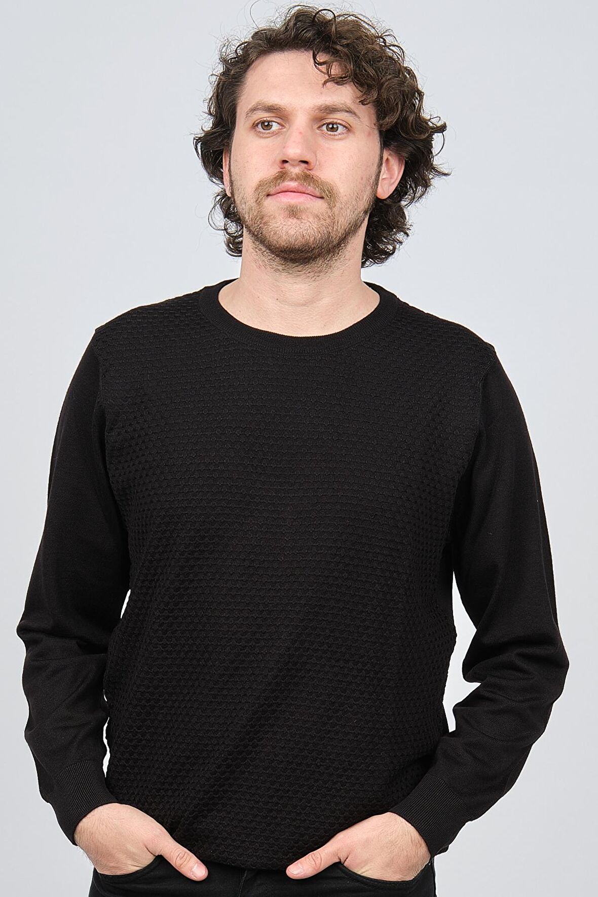 Desen Triko Erkek Bisiklet Yaka Desenli Yün Kazak 0249618 Siyah