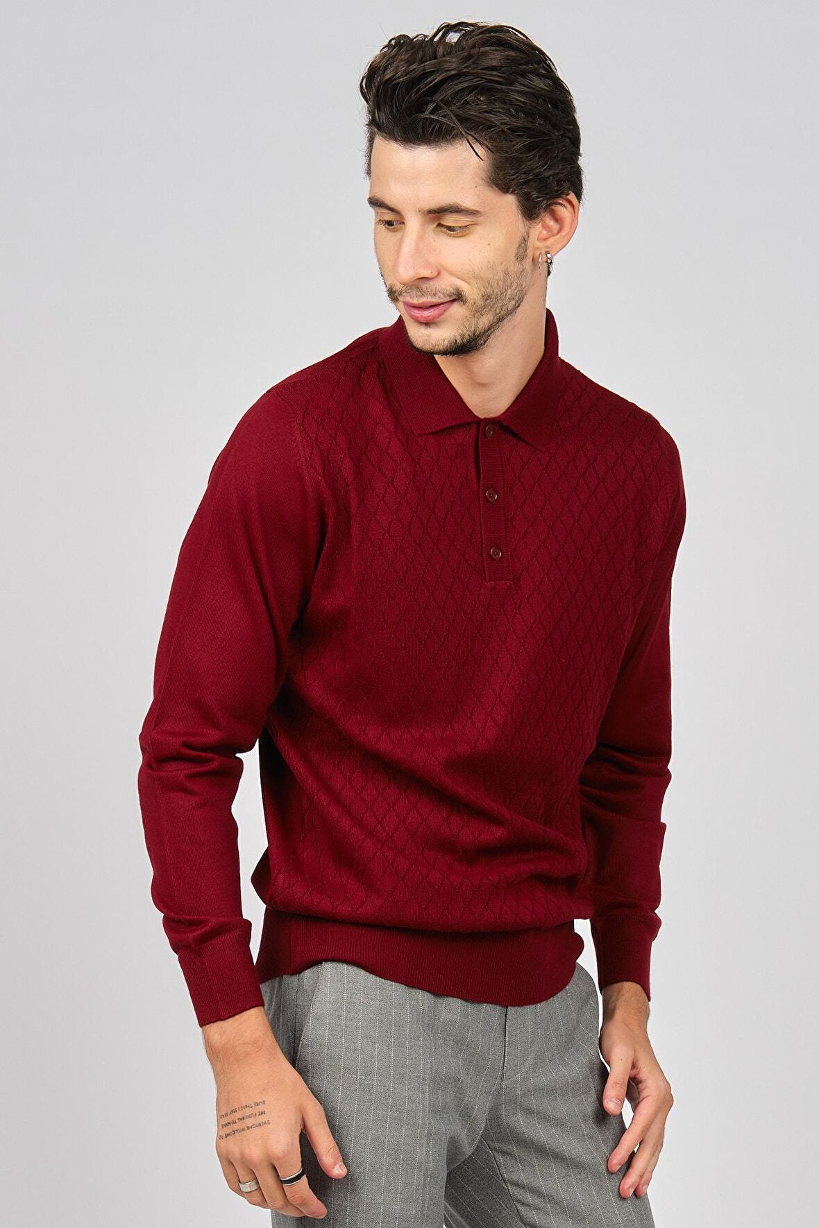 Pave Erkek Baklava Desenli Yün Kazak 4536034 Bordo