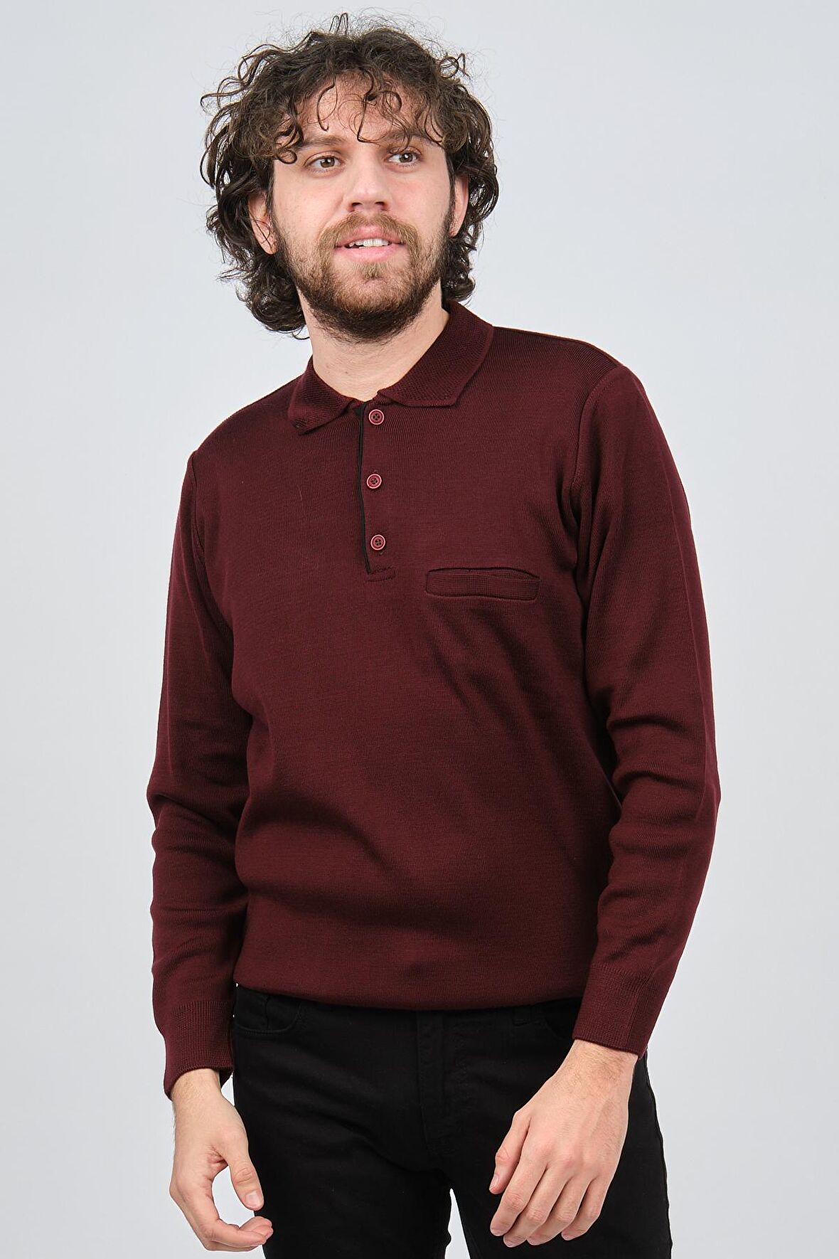 Çizgi Triko Erkek Cep Detaylı Polo Yaka Kazak 42544241 Bordo
