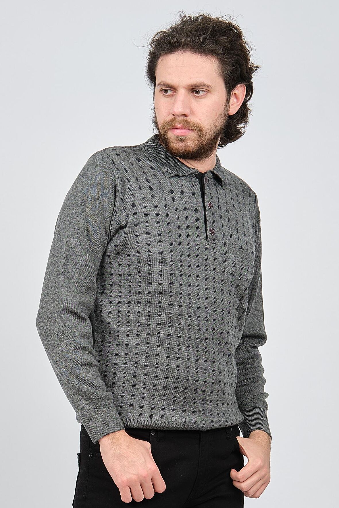 Çizgi Triko Erkek Cep Detaylı Polo Yaka Desenli Kazak 42544216 Gri
