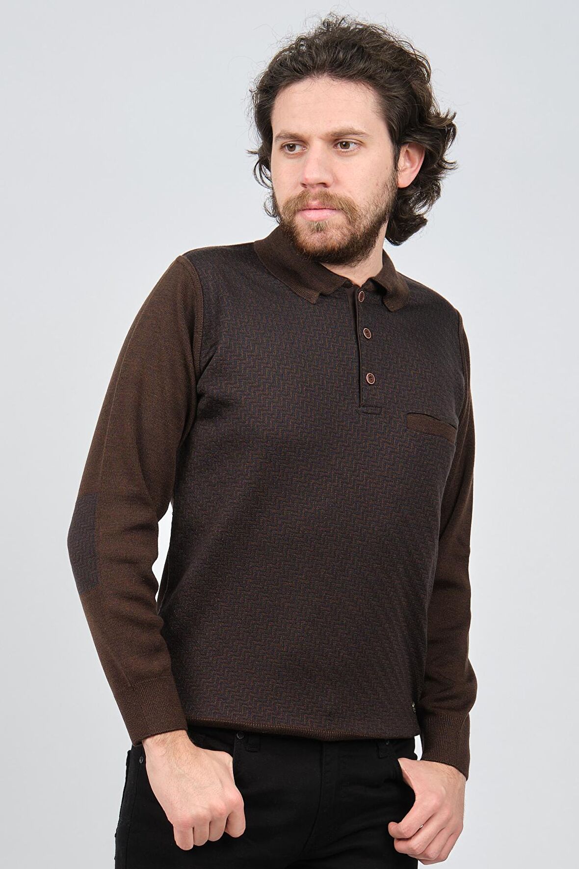 Çizgi Triko Erkek Cep Detaylı Polo Yaka Desenli Kazak 42544215 Kahverengi