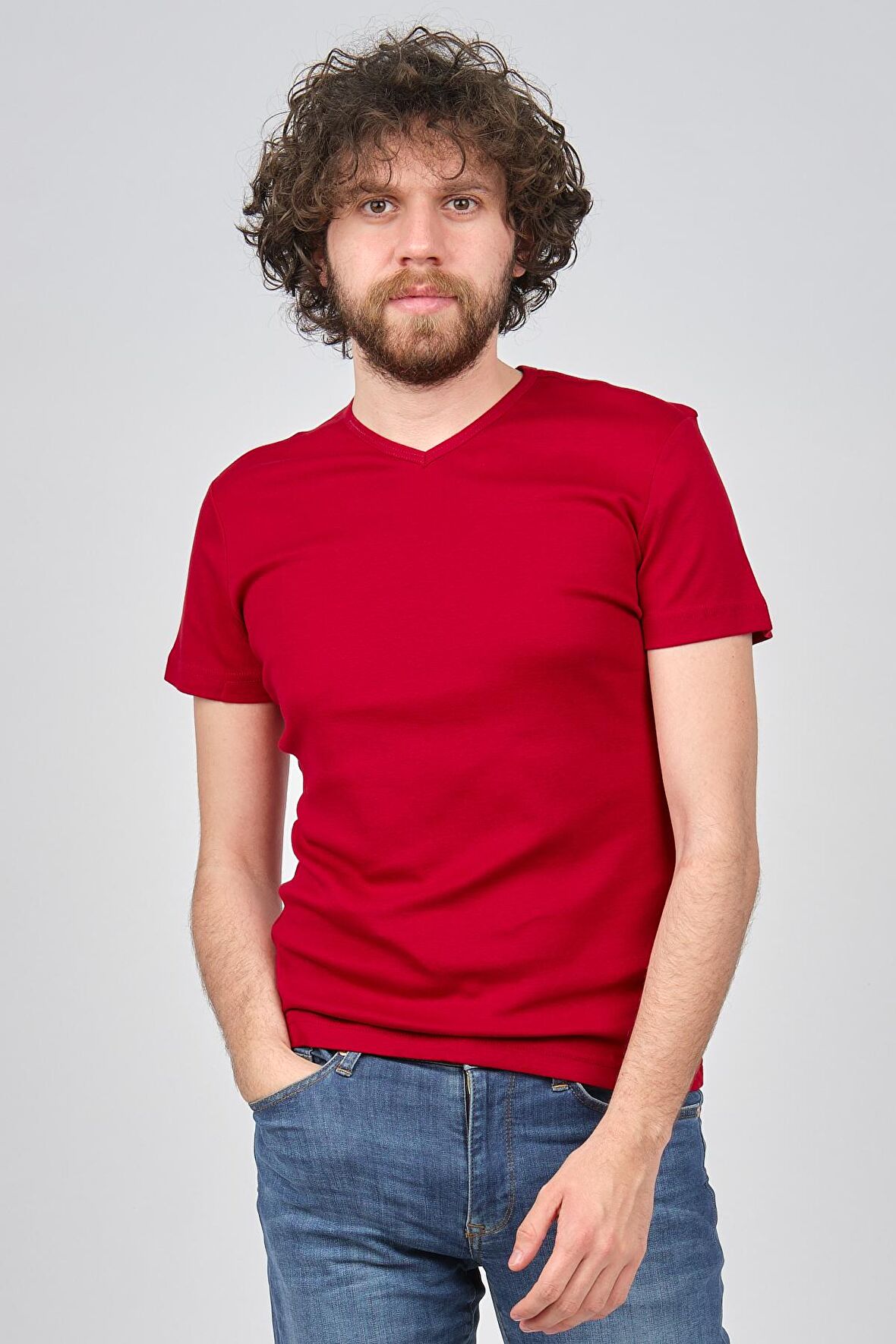 Qwerty Erkek Slim Fit V Yaka T-Shirt 5452462 Bordo