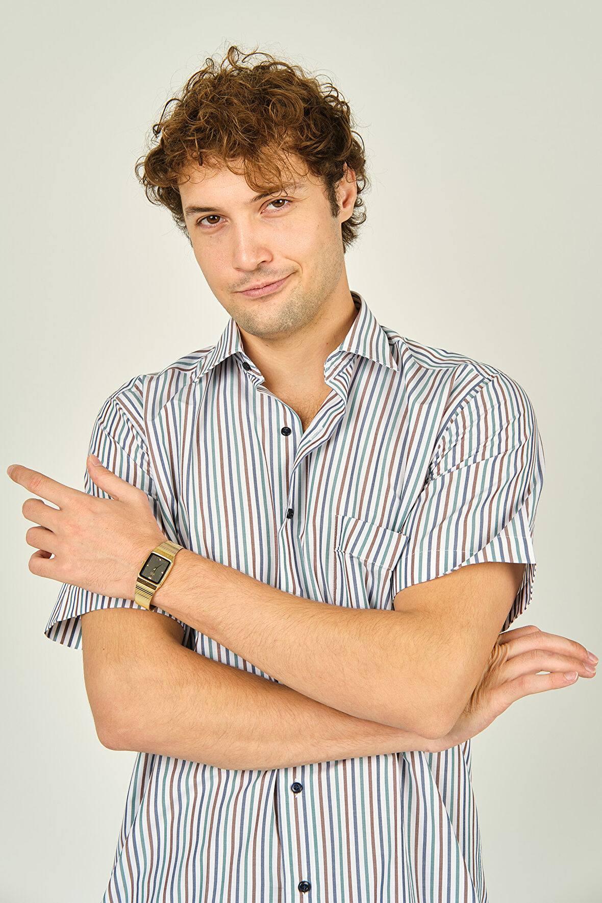 Mugi Erkek Çizgili Tek Cep Detaylı Kısa Kollu Pamuklu Gömlek 2004 Yeşil