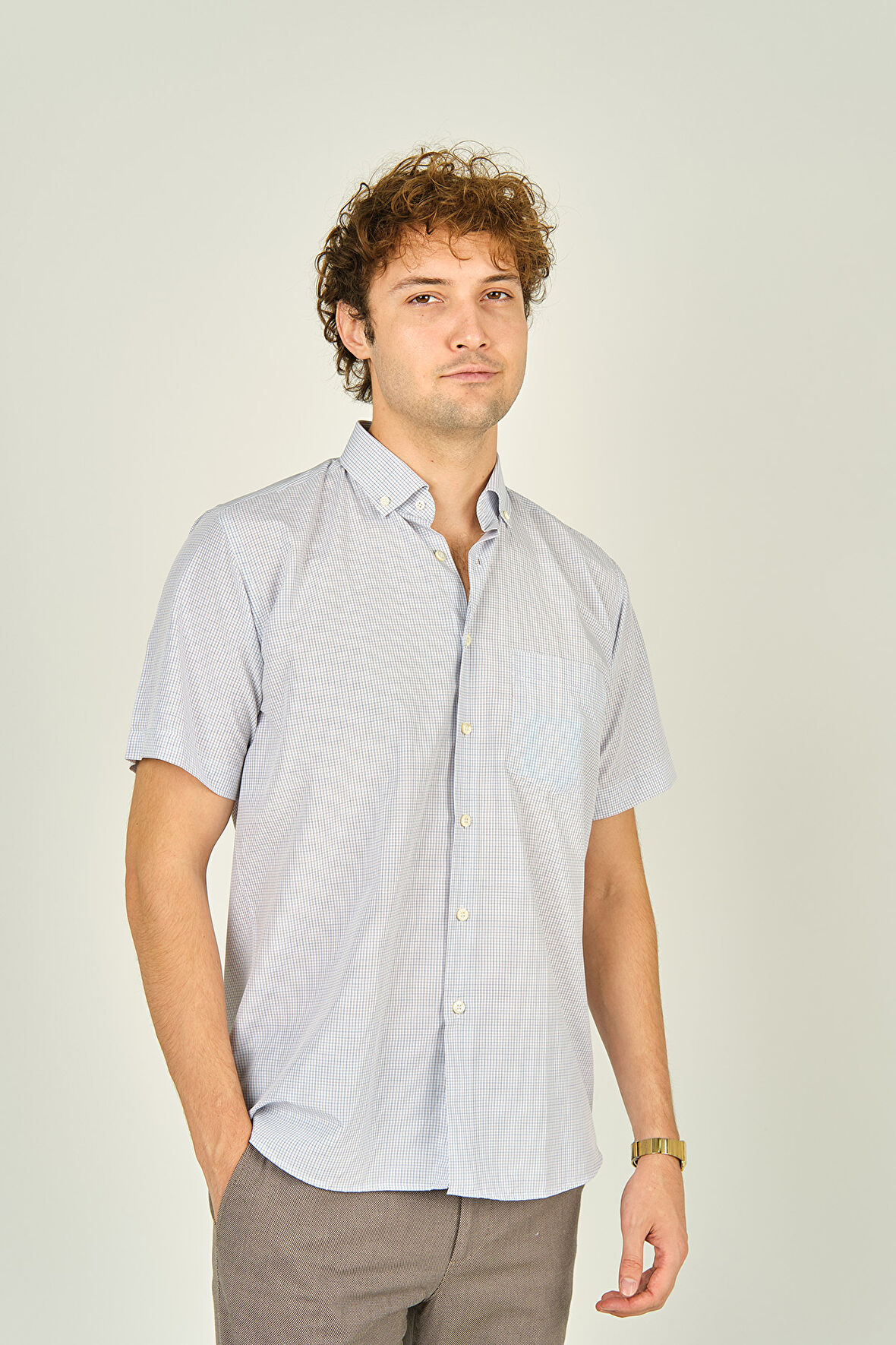 Mugi Erkek Tek Cepli Yaka Düğmeli Kısa Kollu Pamuklu Gömlek 3003 Bej