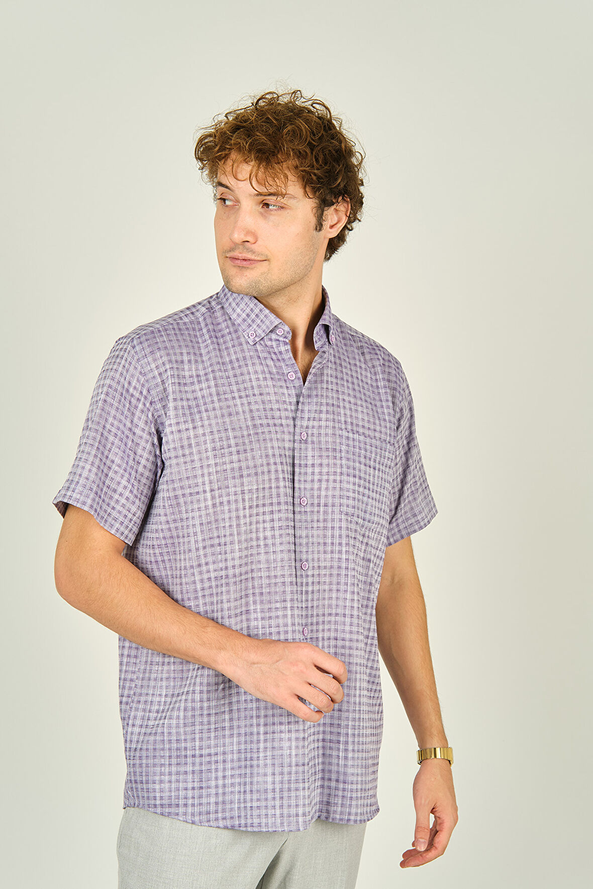 Mugi Erkek Desenli Tek Cepli Kısa Kollu %100 Pamuk Gömlek 3024 Mor