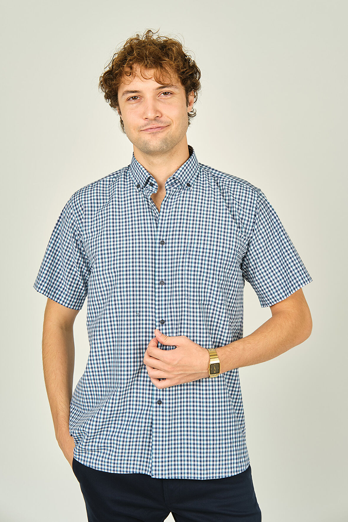 Mugi Erkek Ekoseli Yaka Düğmeli Kısa Kollu Pamuklu Gömlek 3008 Turkuaz