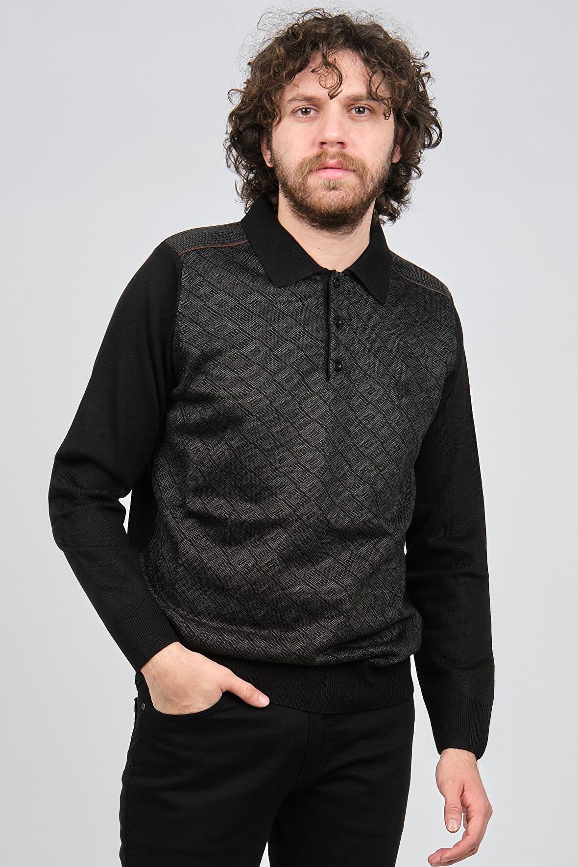 Pelikan Erkek Desenli Polo Yaka Kazak 1579423 Siyah