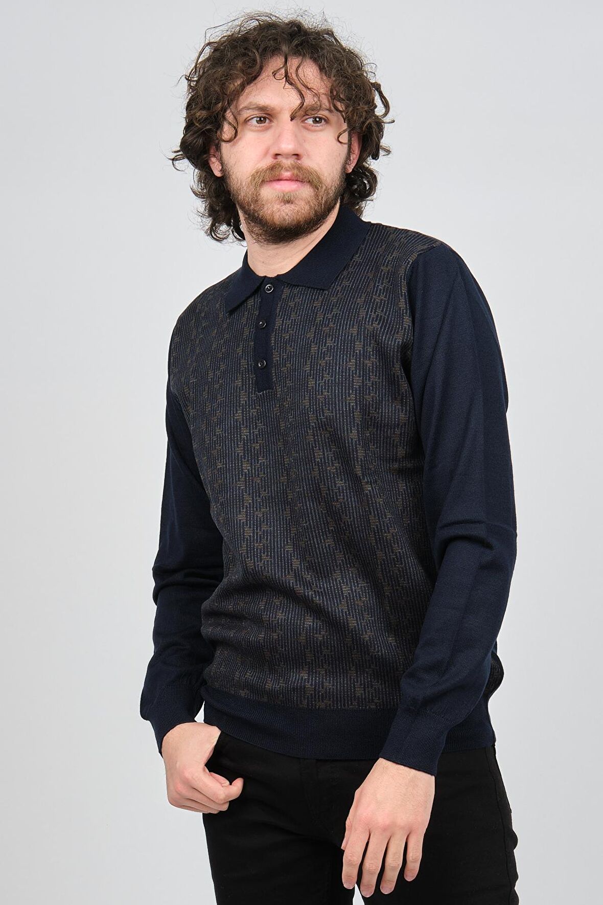 Woolman Erkek Desenli Polo Yaka Yün Kazak 1572001 Lacivert