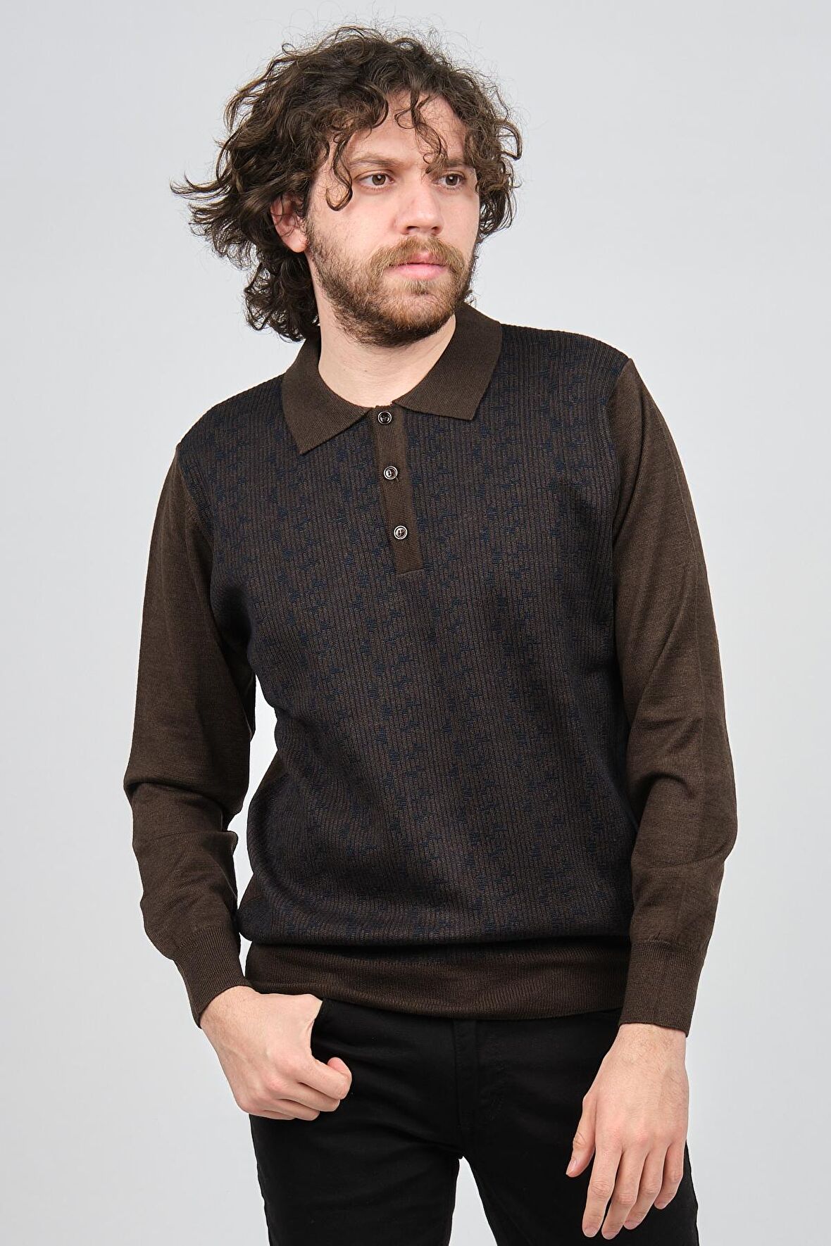 Woolman Erkek Desenli Polo Yaka Yün Kazak 1572001 Kahverengi