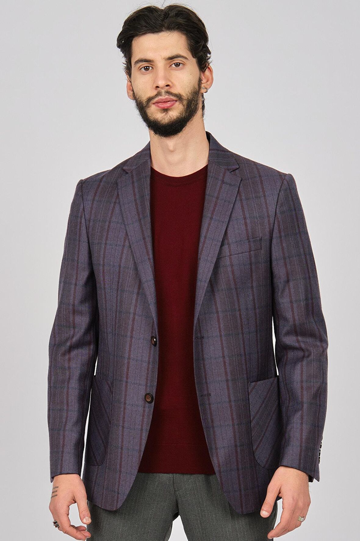 Yünsa Erkek Ekoseli Spor Yün Ceket 2661000 Bordo