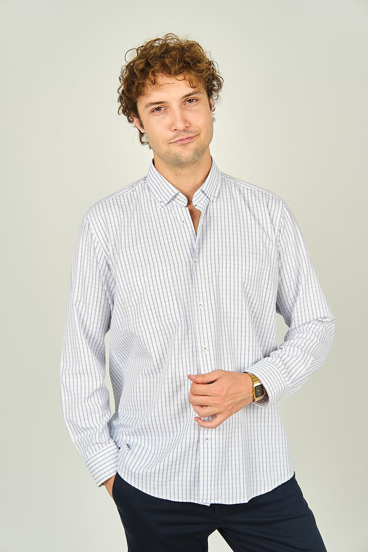 Two Hands Erkek Kareli Çift Cep Detaylı Uzun Kollu Pamuklu Gömlek 2144 Lacivert