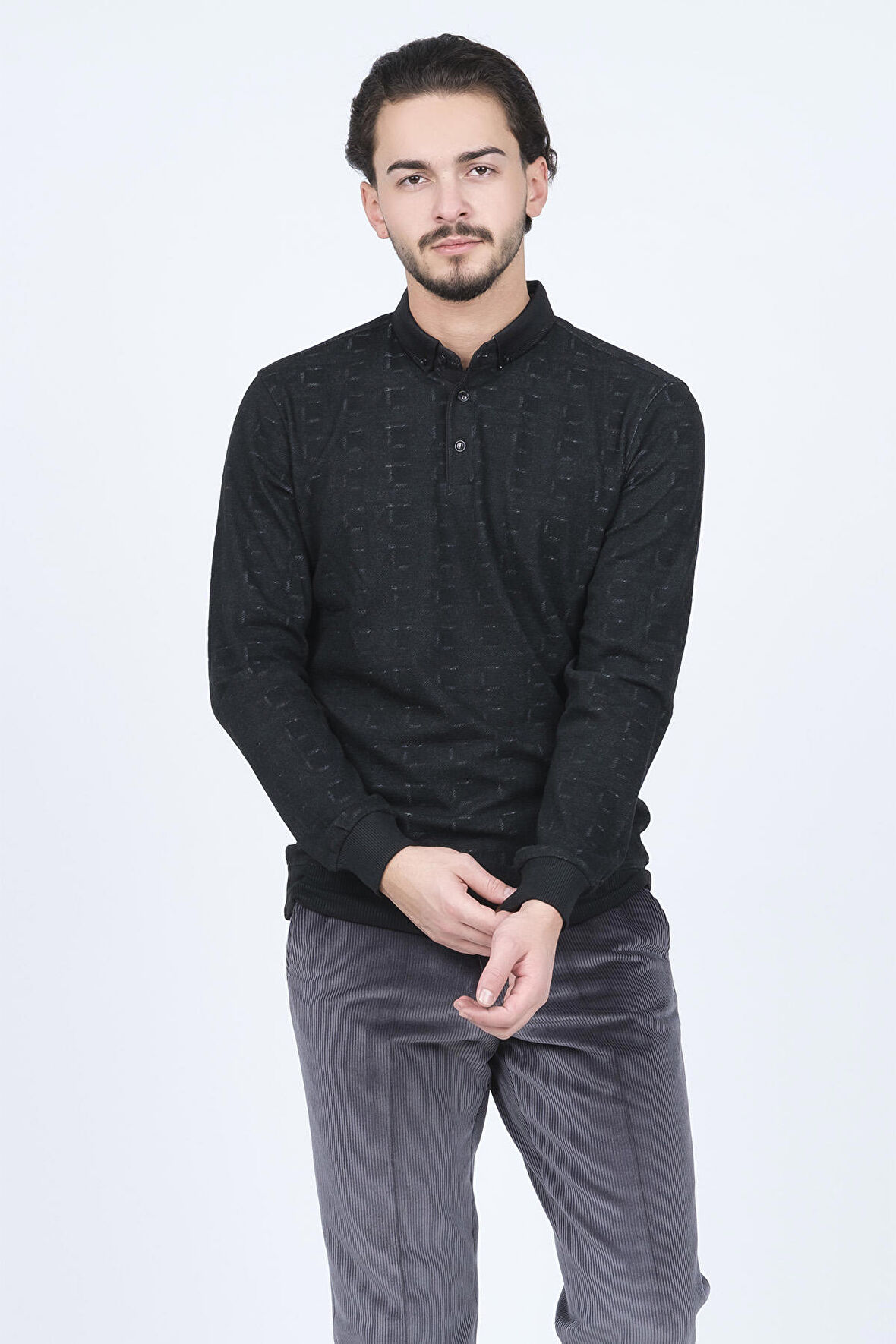 Raymons Erkek Desenli Polo Yaka Triko Sweat 6782251 Siyah