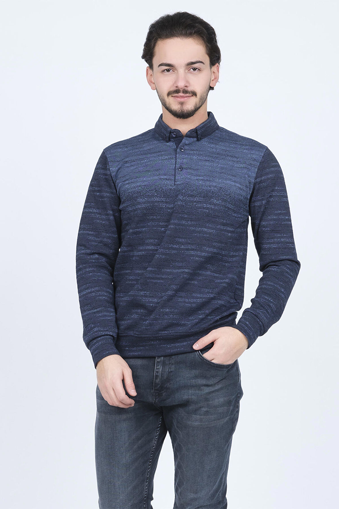 Raymons Erkek Desenli Polo Yaka Triko Sweat 6782257 Indigo