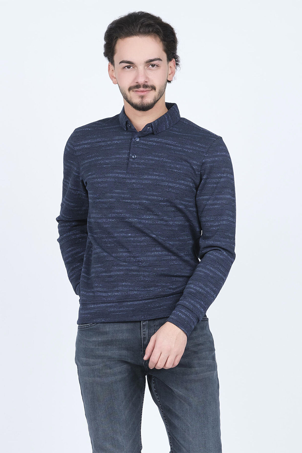 Raymons Erkek Desenli Polo Yaka Triko Sweat 6782273 Indigo