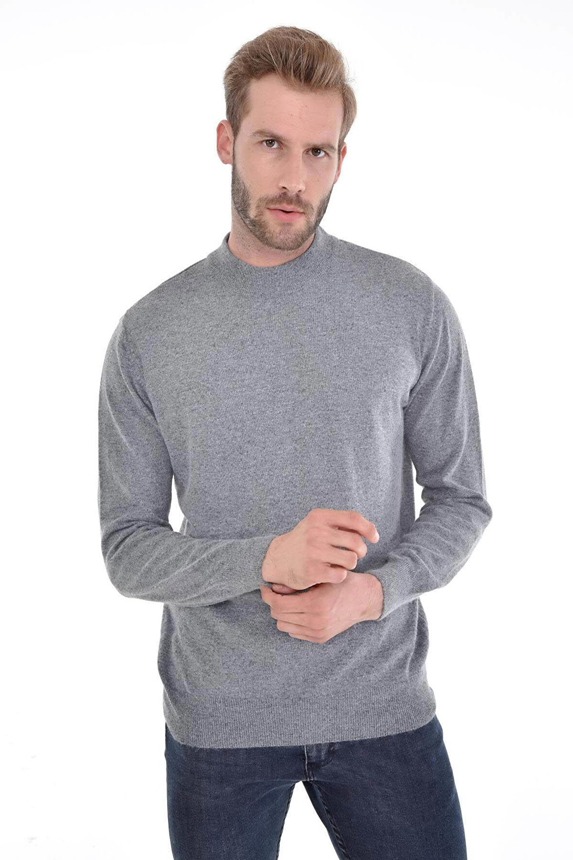 Çizgi Triko Erkek Yarım Balıkçı Çelik Örgü Triko Kazak 4241B Gri