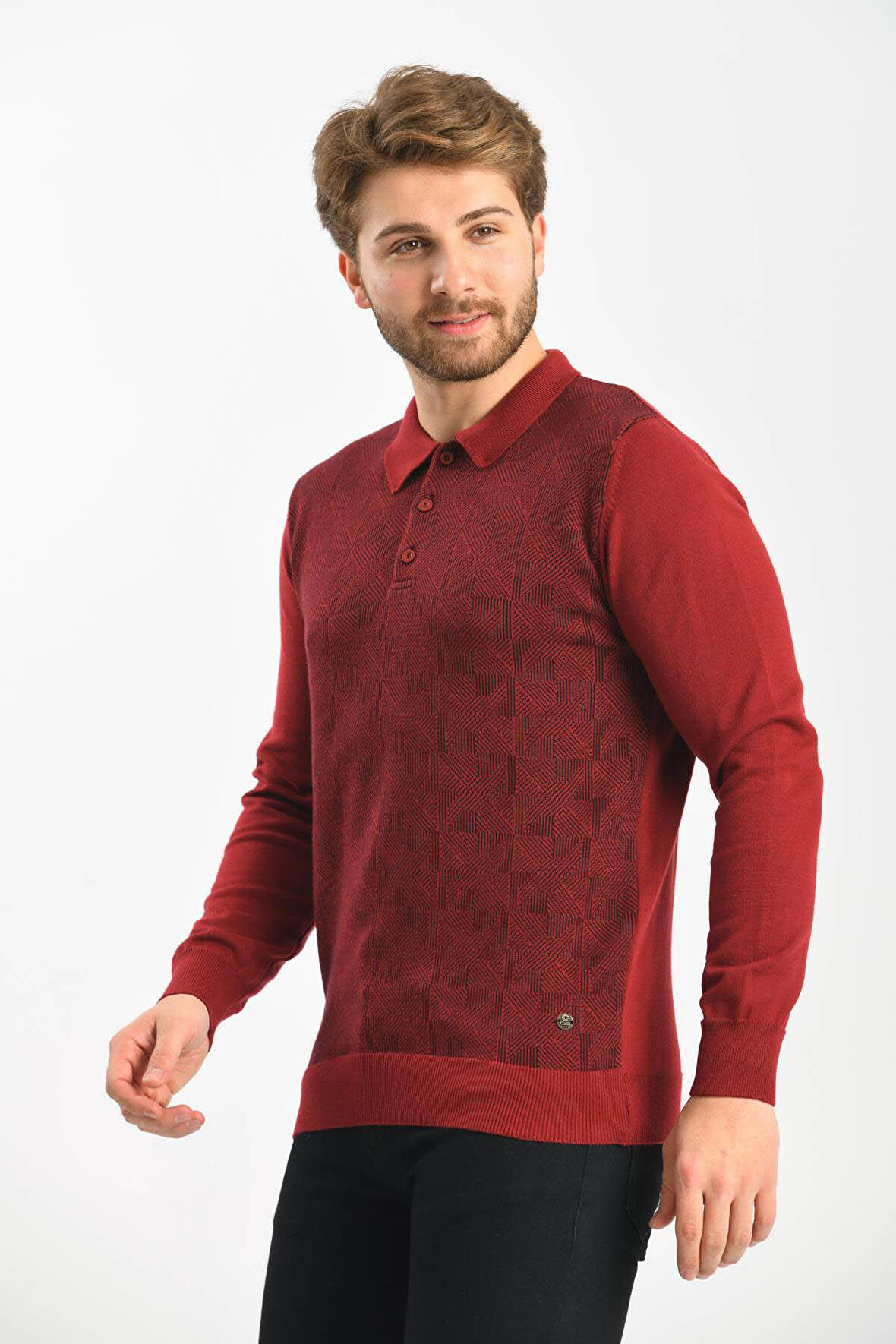 Çizgi Triko Erkek Polo Yaka Pamuklu Triko Kazak 4445F Bordo