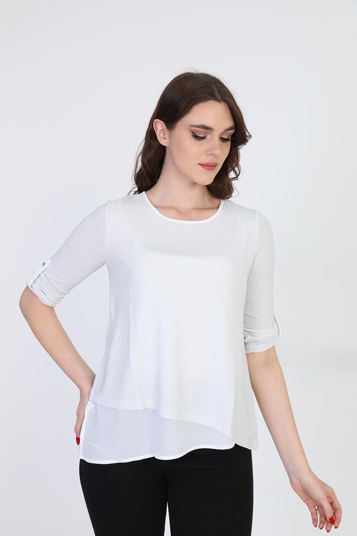 Ella Camelia Kadın Asimetrik Tül Detaylı Bluz 042 Ekru