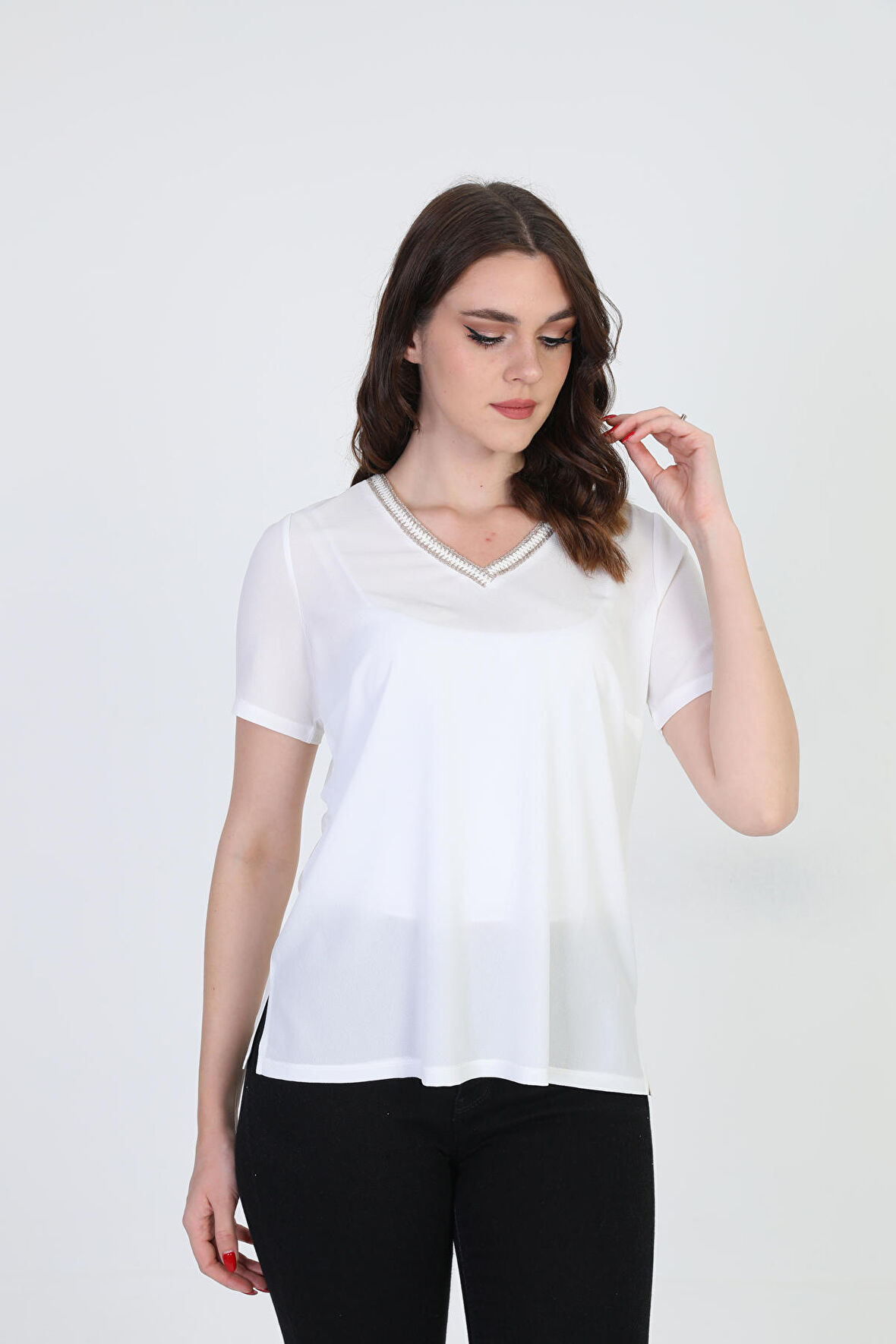 Ella Camelia Kadın Yaka İşlemeli Bluz 9E013 Ekru