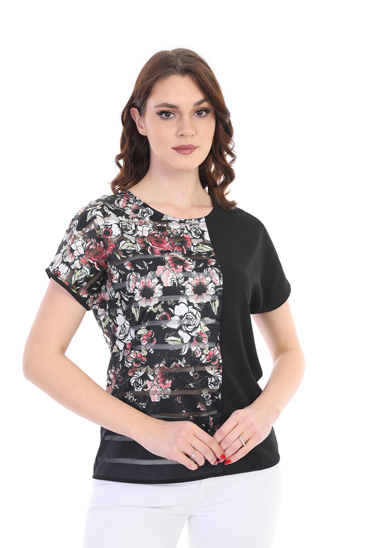 Ella Camelia Kadın Blok Desenli Transparan Detaylı Bluz 19E051 Siyah