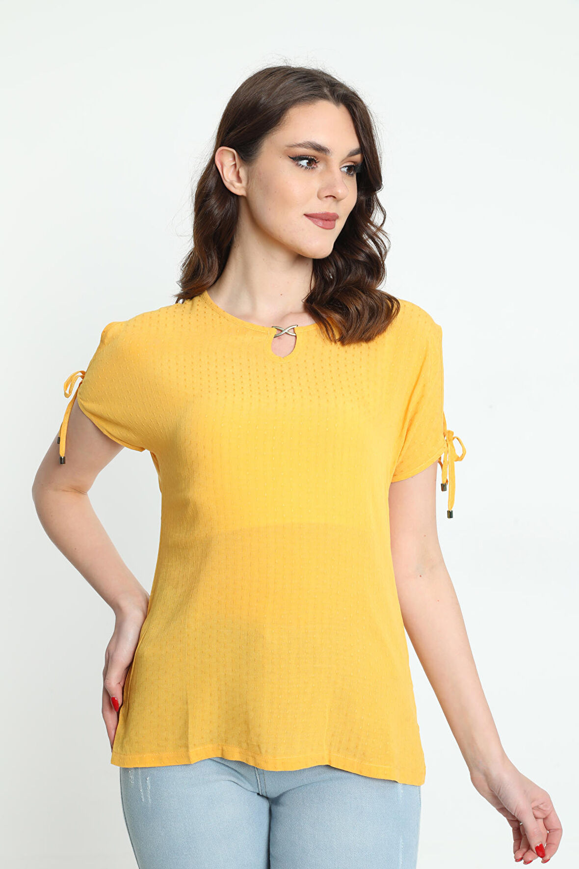 Ella Camelia Kadın Yaka ve Kol Detaylı Desenli Bluz 19E008 Sarı