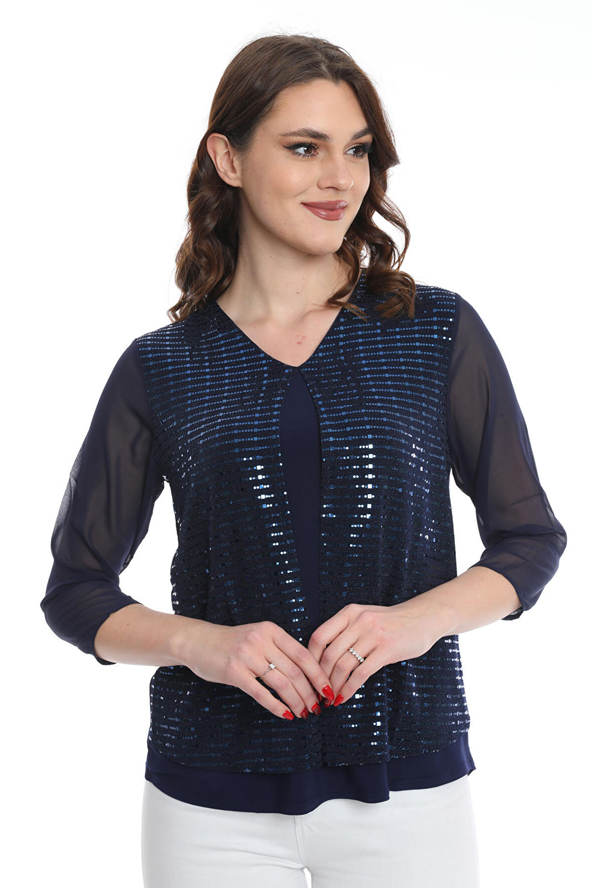 Ella Camelia Kadın Kolları Tül Detaylı Bluz 19E040 Lacivert