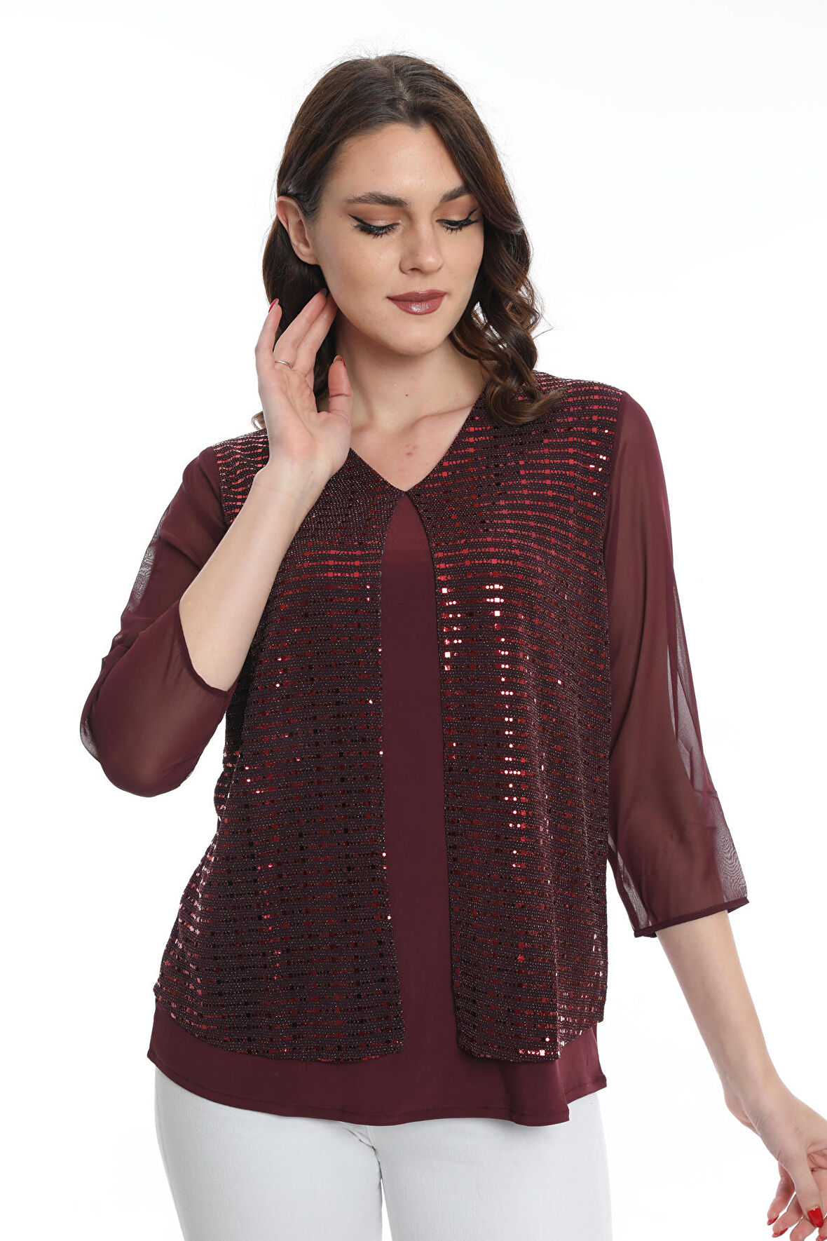 Ella Camelia Kadın Kolları Tül Detaylı Bluz 19E040 Bordo