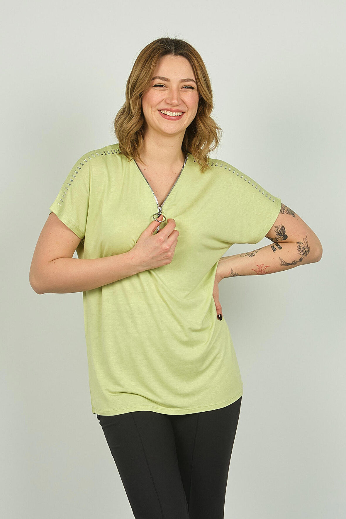 Ella Camelia Kadın Fermuarlı Kısa Kol Bluz 20E038 Limon