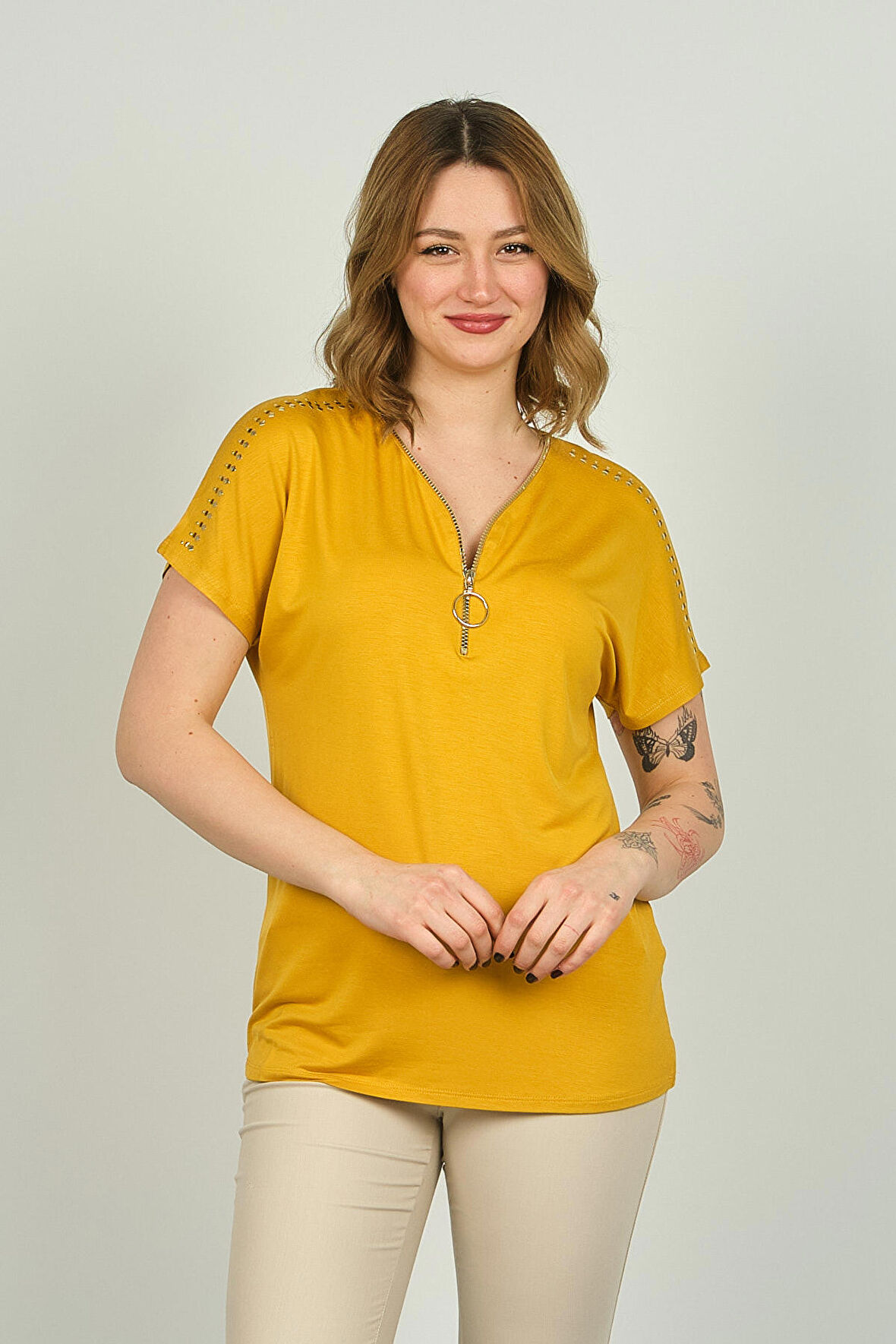 Ella Camelia Kadın Fermuarlı Kısa Kol Bluz 20E038 Hardal