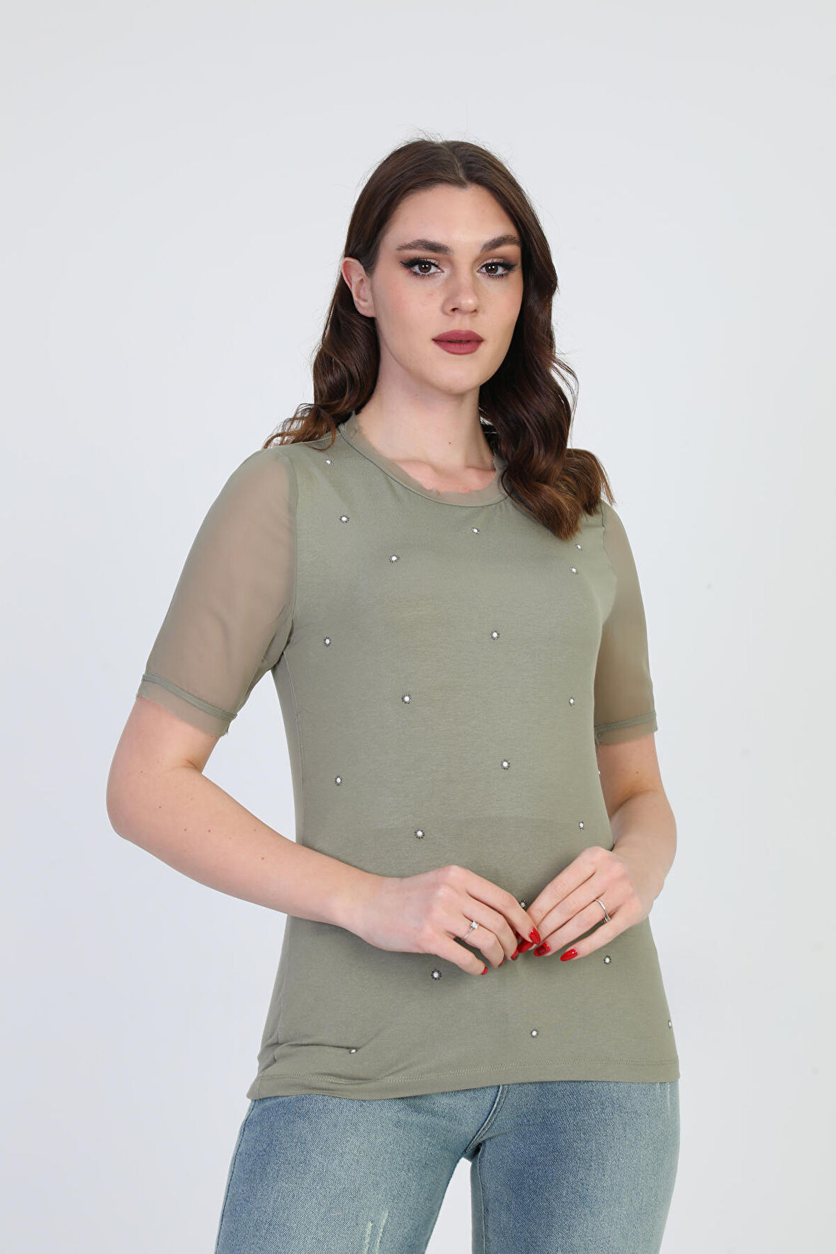 Ella Camelia Kadın Taş Detaylı Bluz 19E056 Haki