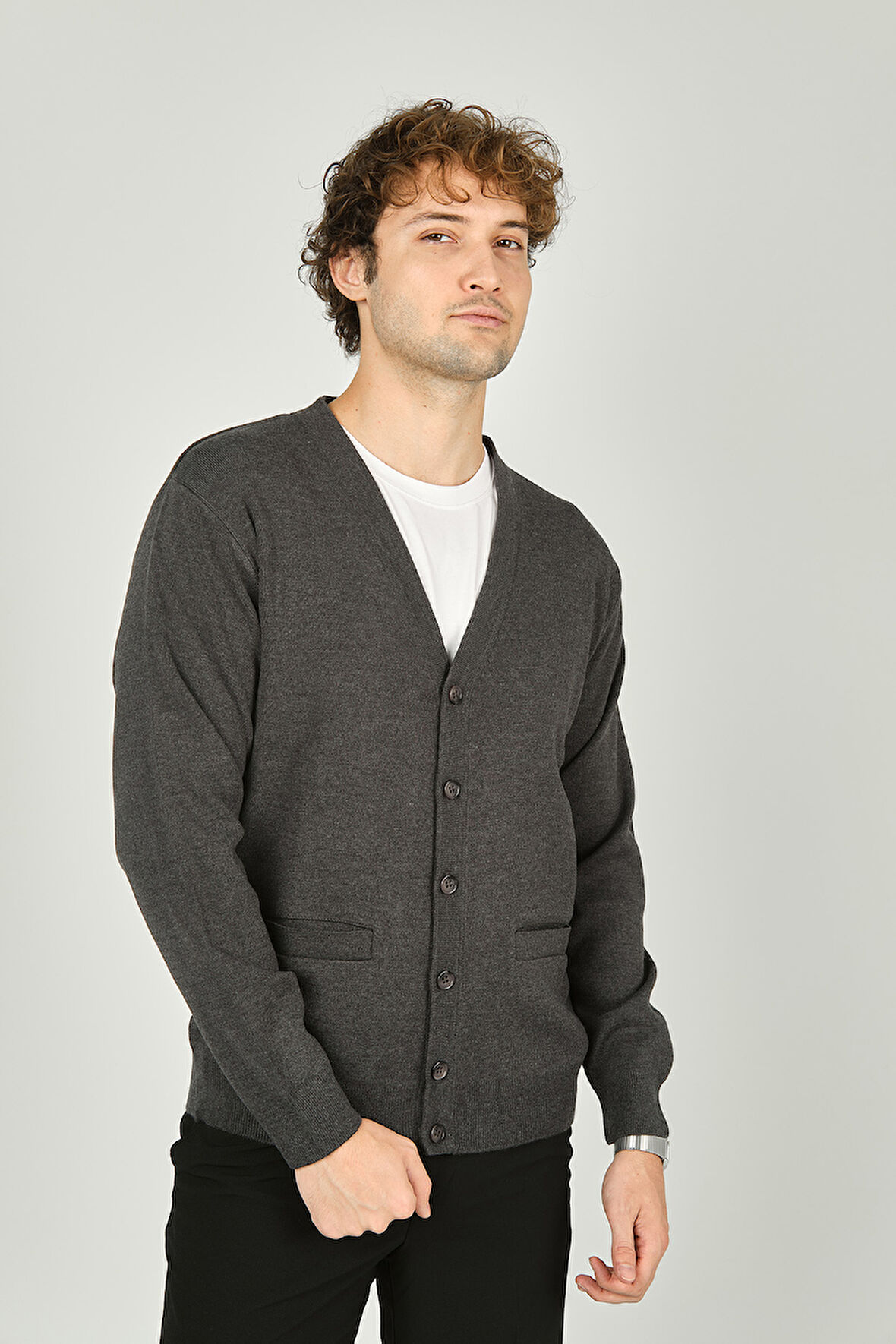 Ateş Triko Erkek V Yaka Düğmeli Uzun Kollu Yün Hırka 1020 Koyu Gri