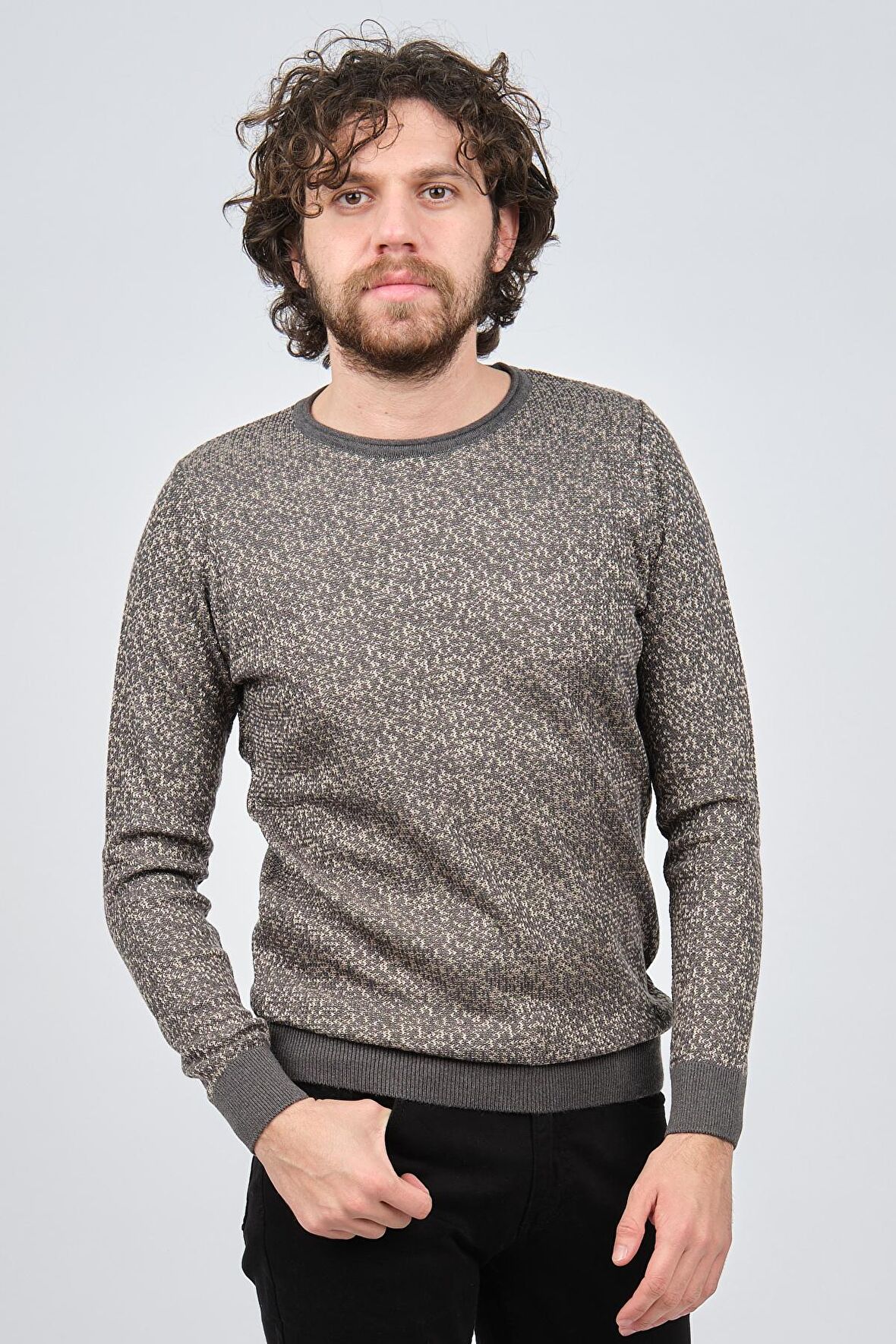 Çizgi Triko Erkek Bisiklet Yaka Slim Fit Desenli Kazak 42554255 Gri