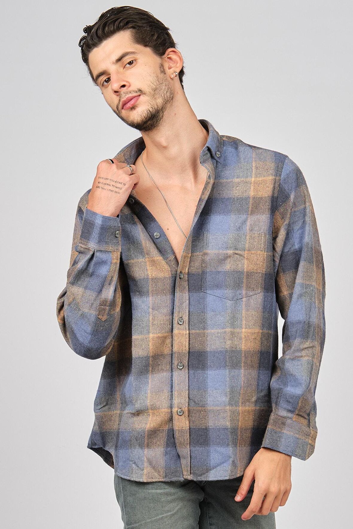 De Leone Erkek Çizgili Uzun Kollu Yün Apre Gömlek 0171100 A.Kahve