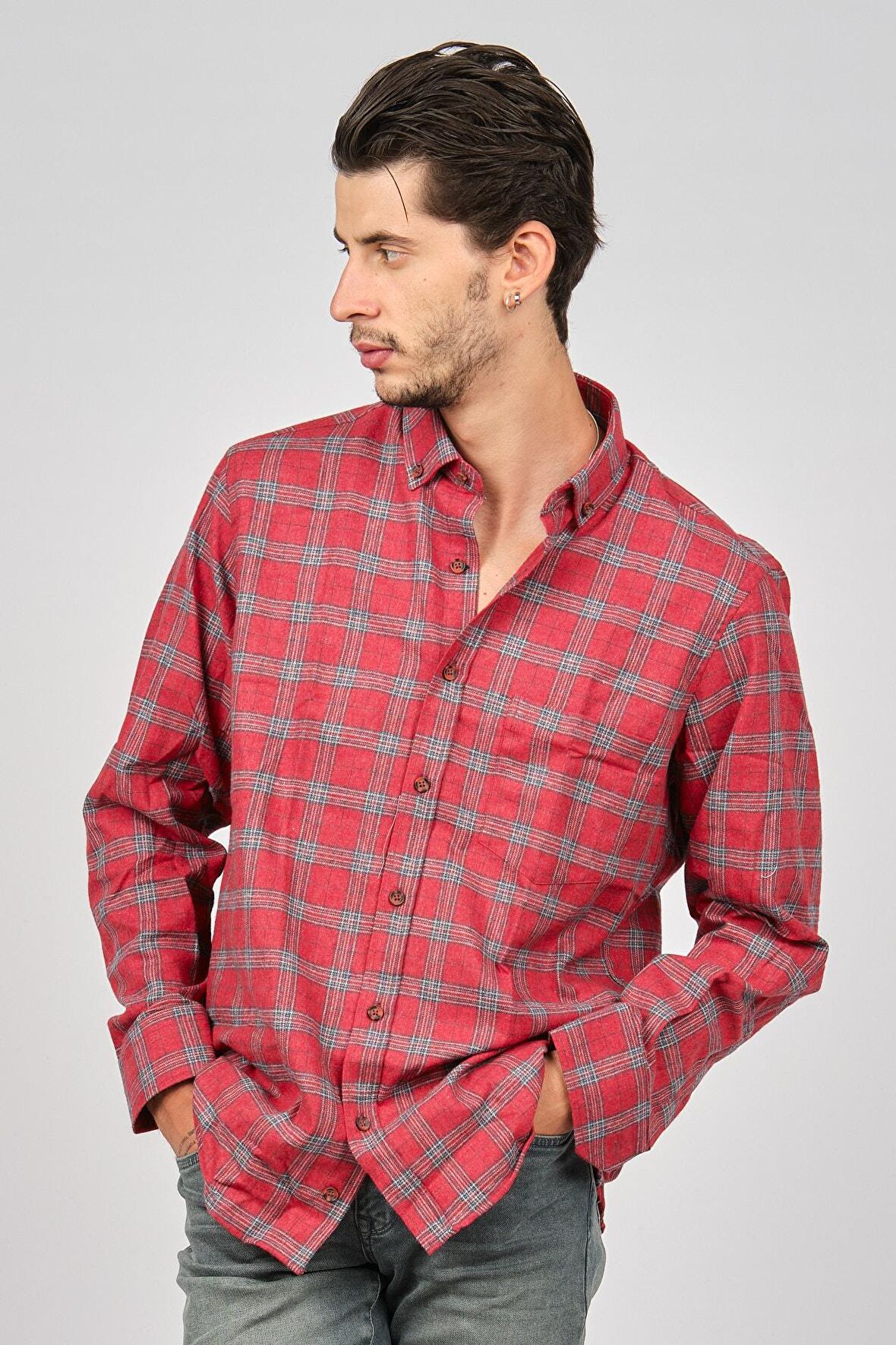 De Leone Erkek Çizgili Uzun Kollu Yün Apre Gömlek 0171110 Kırmızı