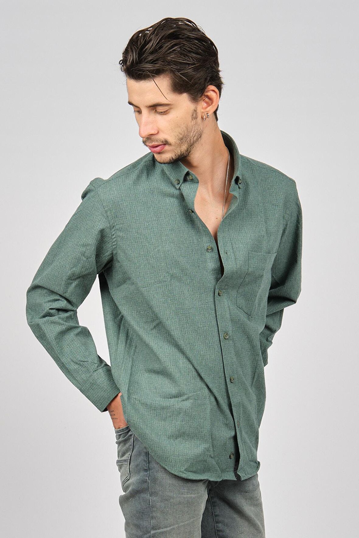 De Leone Erkek Uzun Kollu Yün Apre Gömlek 0171108 Yeşil