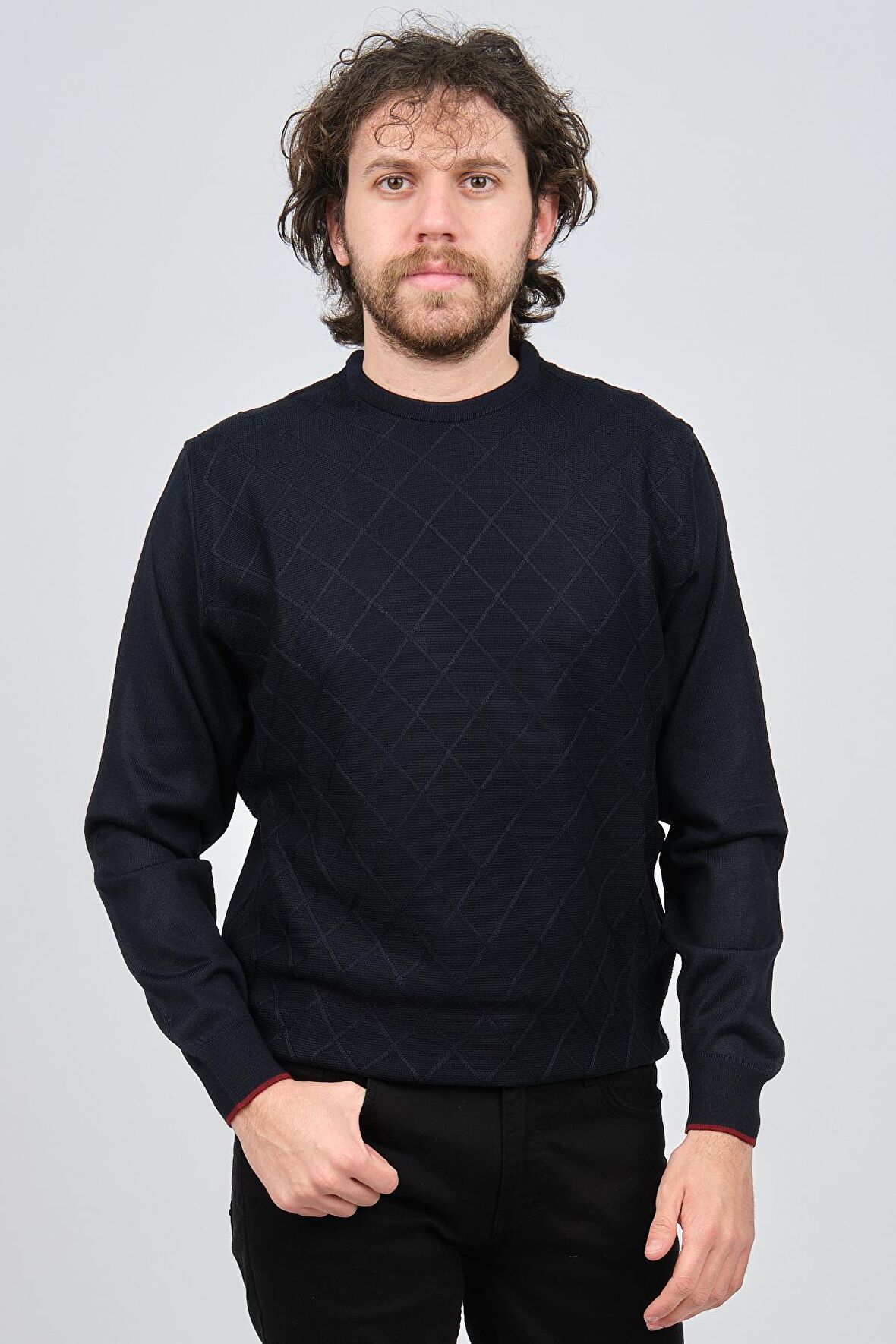 Pave Erkek Bisiklet Yaka Baklava Desenli Yün Kazak 4537073 Lacivert