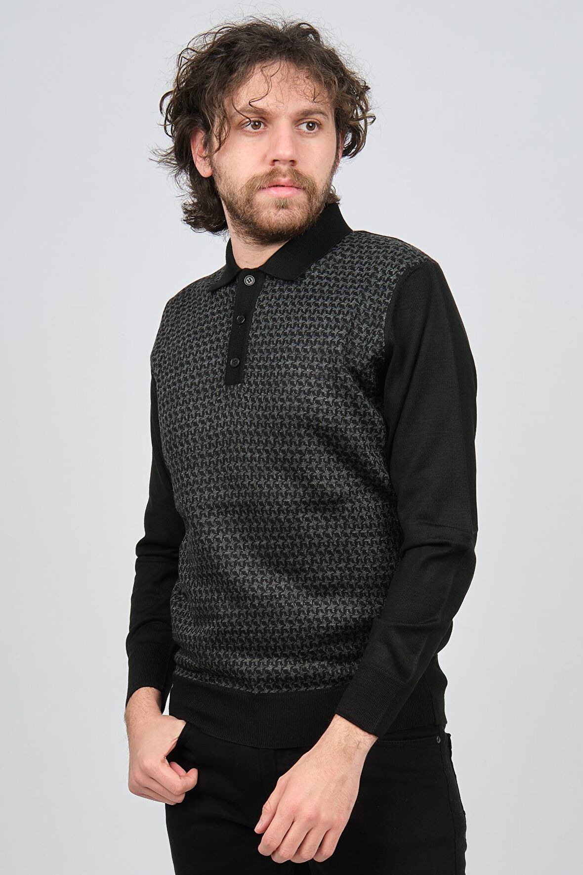 Pave Erkek Polo Yaka Desenli Yün Kazak 4537124 Füme
