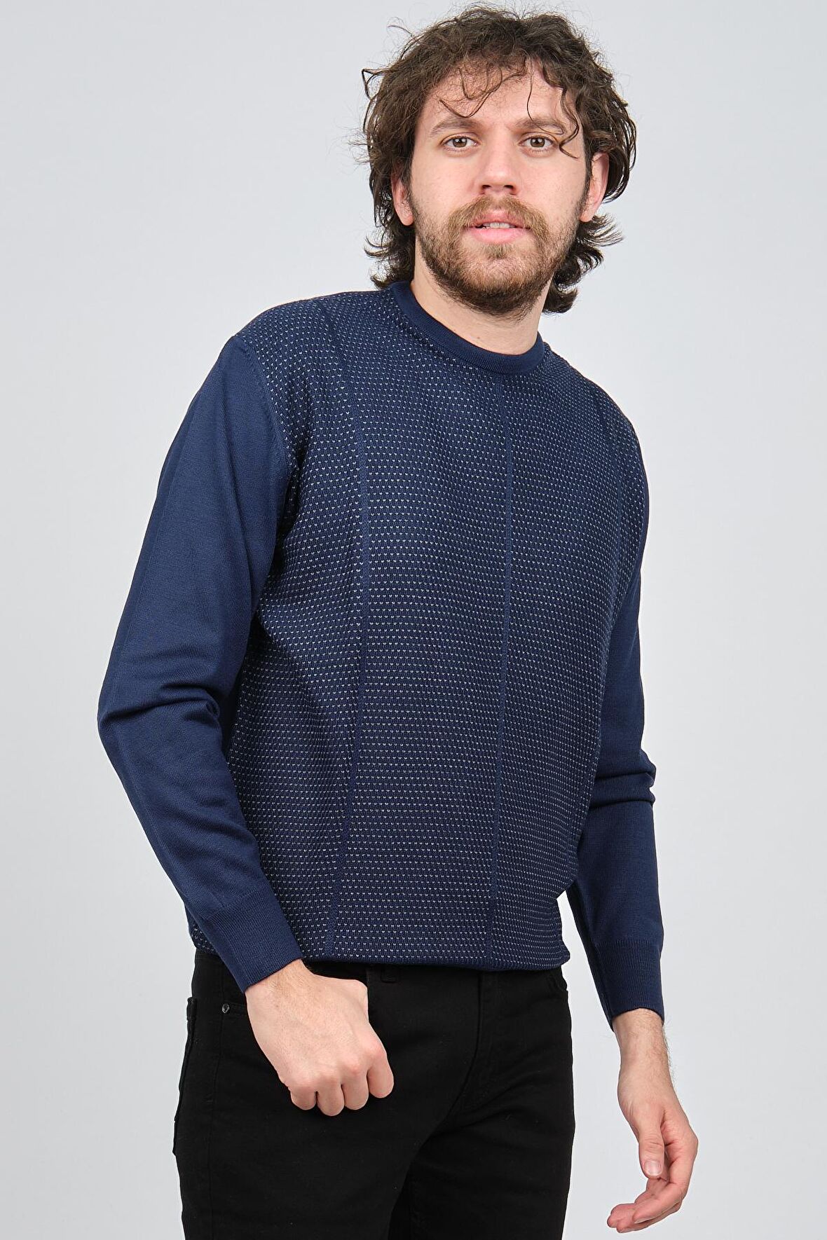 Pave Erkek Bisiklet Yaka Desenli Yün Kazak 4537063 Lacivert